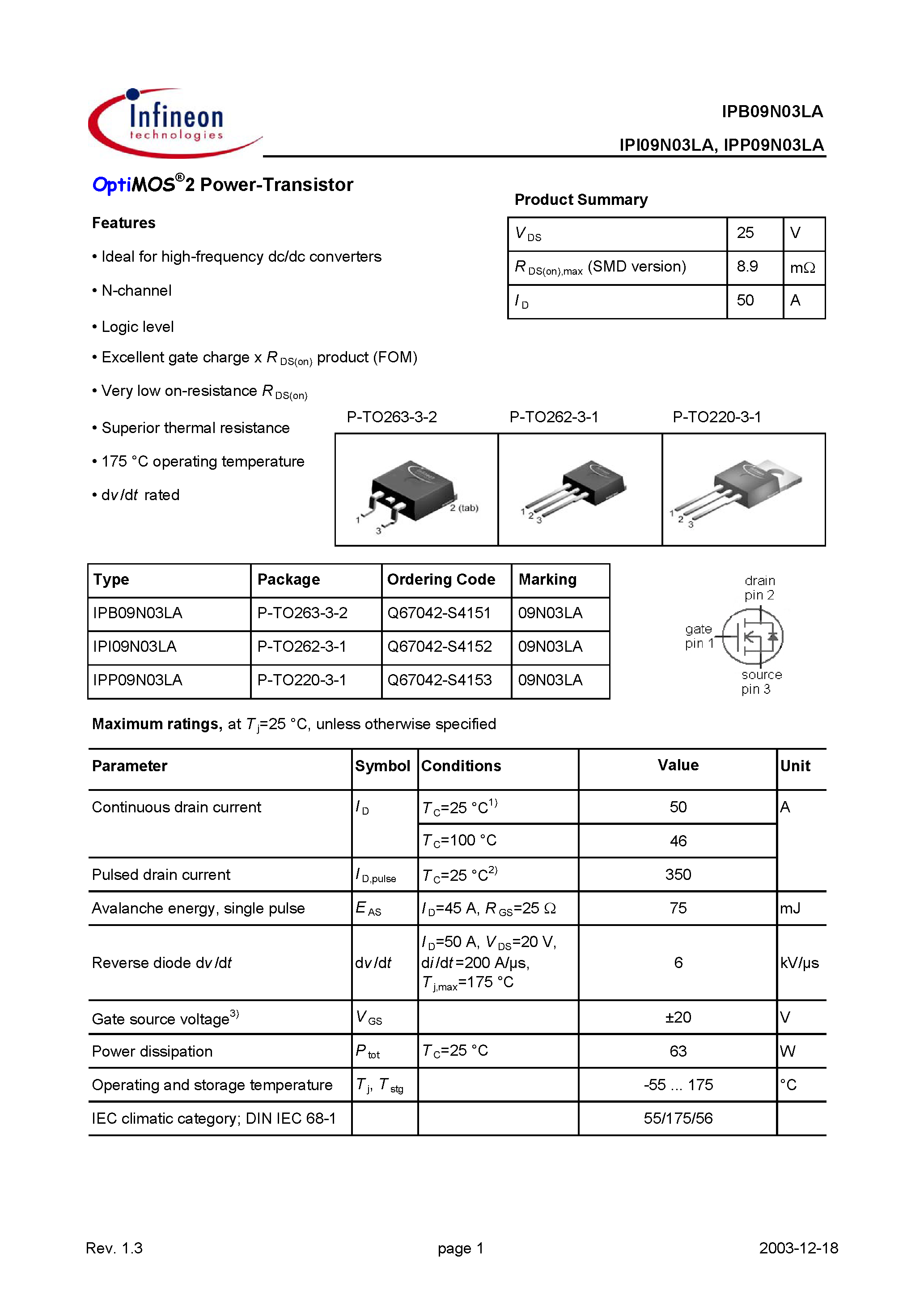 Datasheet IPB09N03LA - OptiMOS 2 Power-Transistor page 1