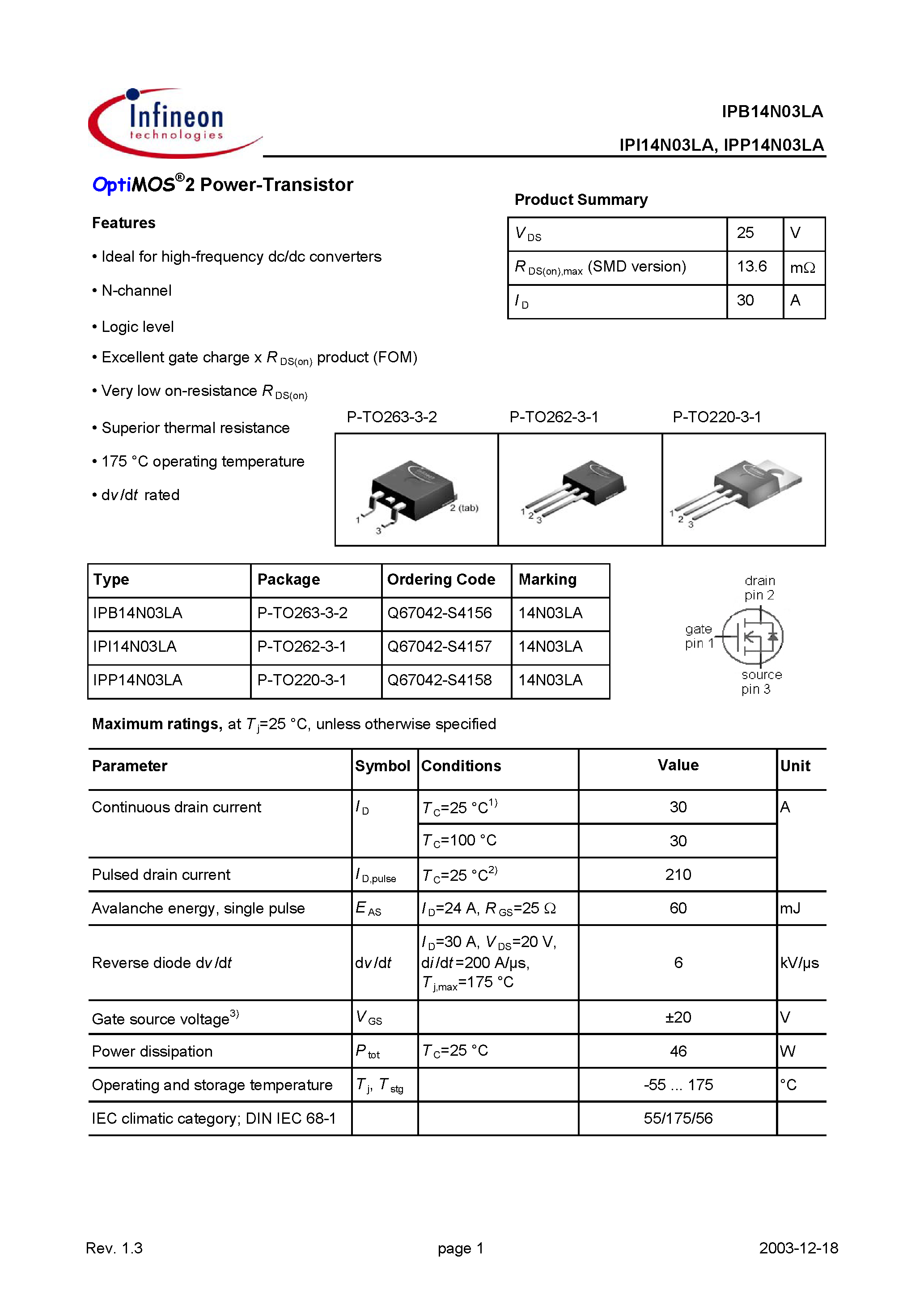 Datasheet IPB14N03LA - OptiMOS 2 Power-Transistor page 1