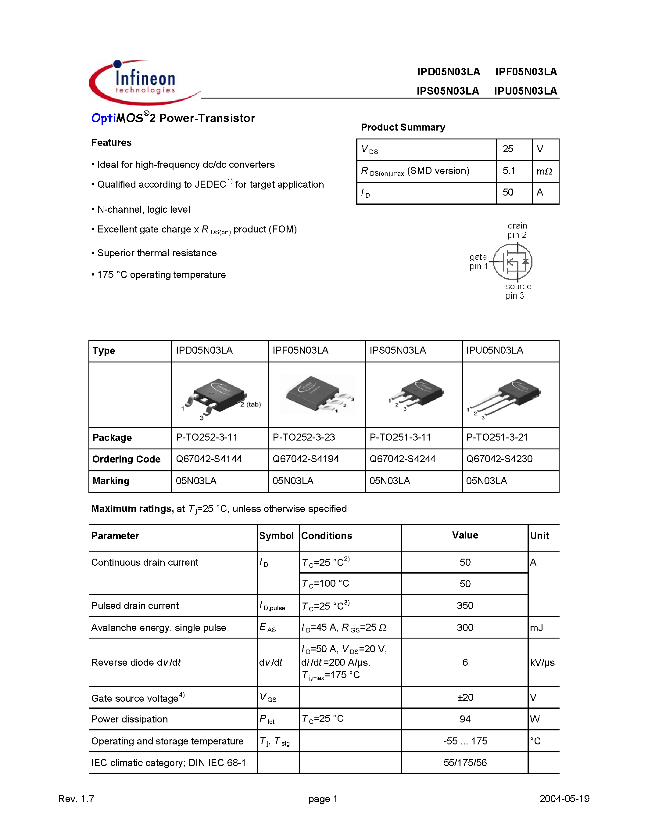 Datasheet IPF05N03LA page 1 Datasheet IPF05N03LA - OptiMOS 2 Power-Transistor page 1