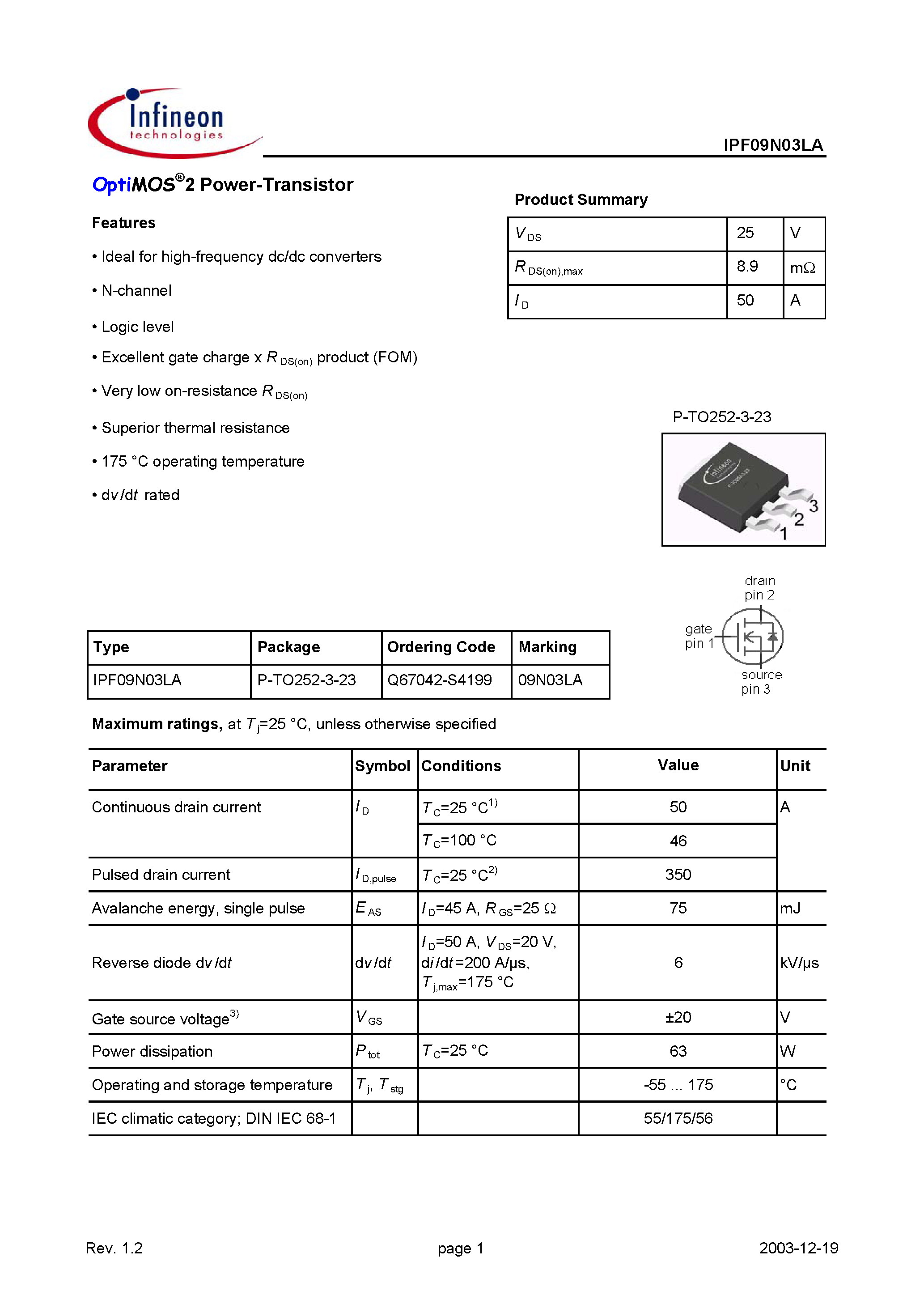 Даташит IPF09N03LA - OptiMOS 2 Power-Transistor страница 1
