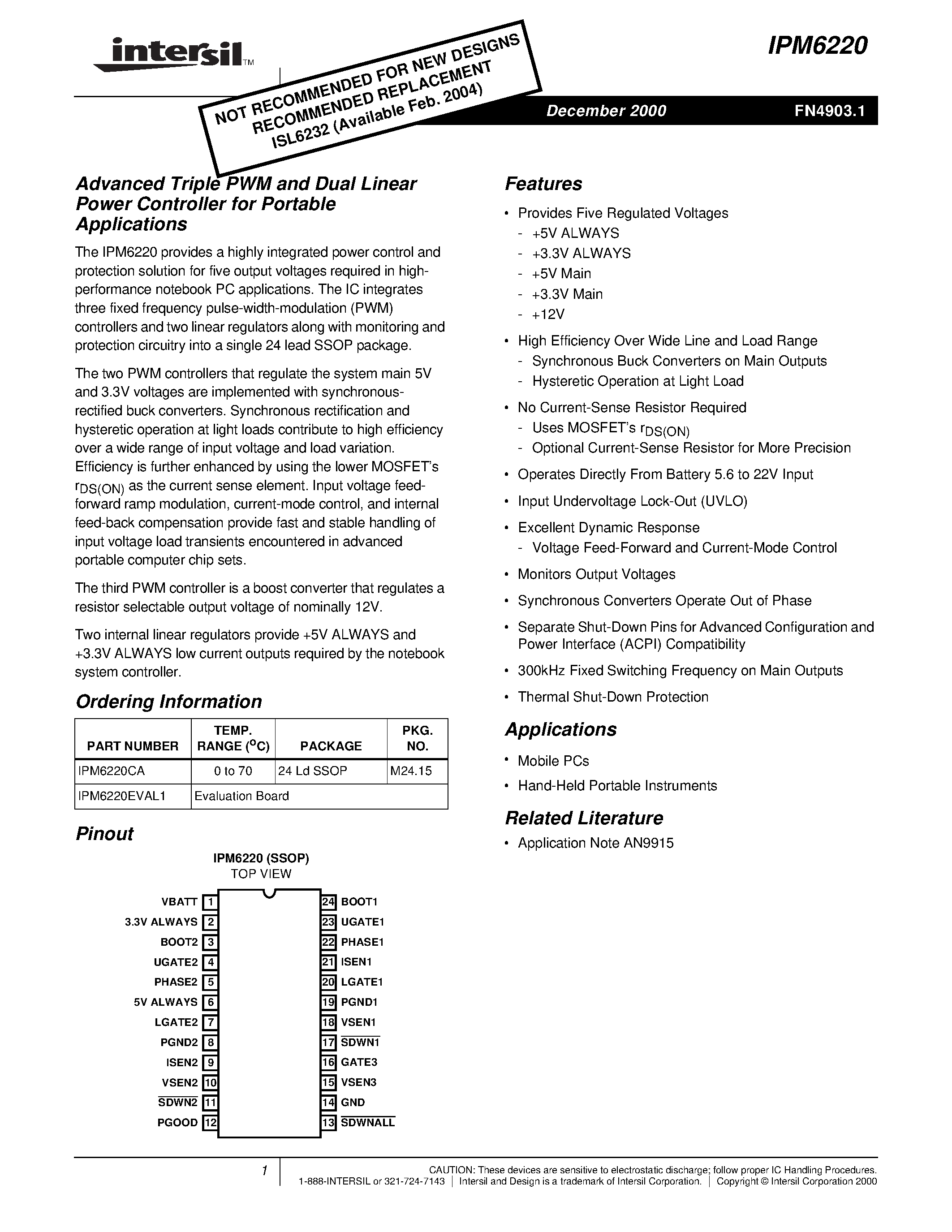 Datasheet IPM6220 - Advanced Triple PWM and Dual Linear Power Controller for Portable page 1