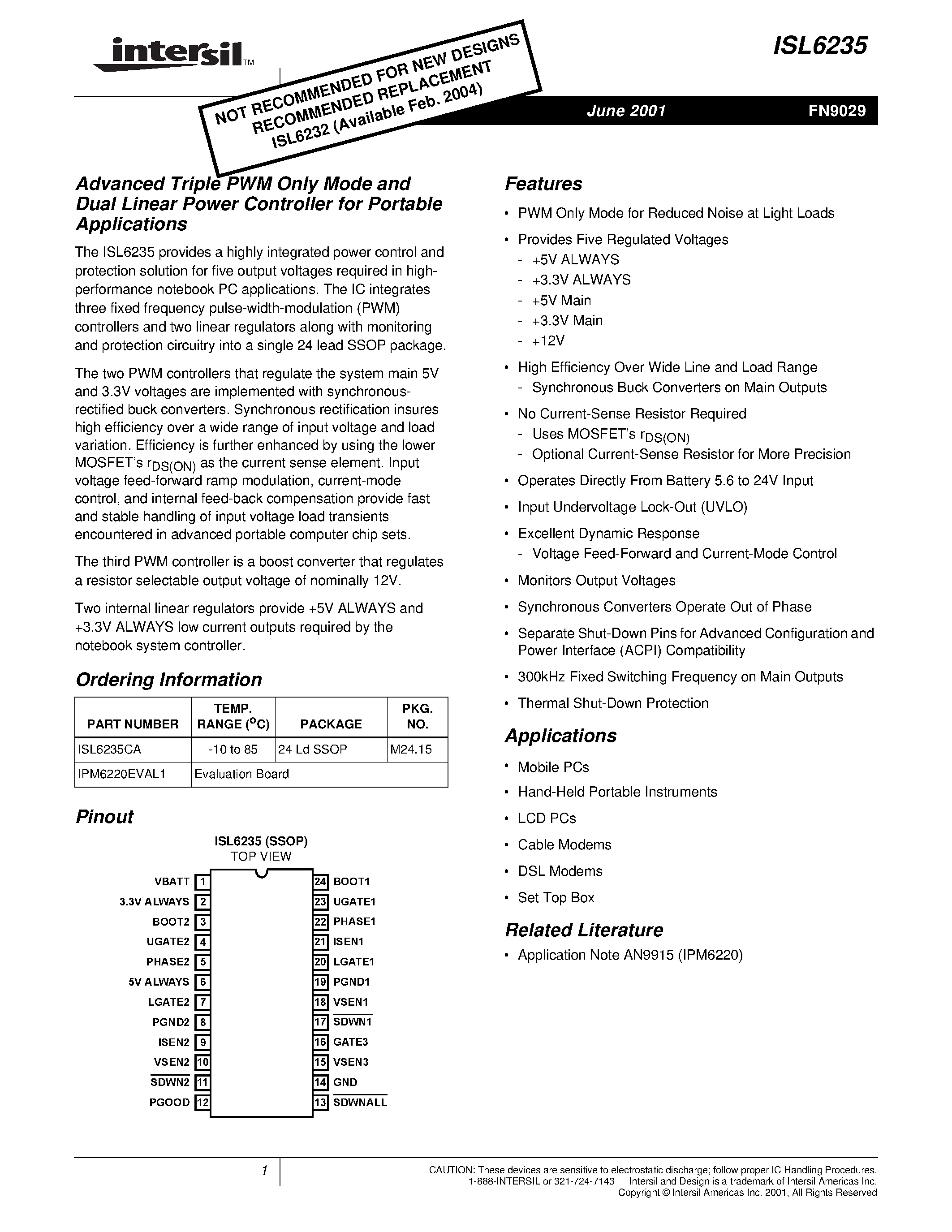 Datasheet IPM6220EVAL1 page 1 Datasheet IPM6220EVAL1 - Advanced Triple PWM Only Mode and Dual Linear Power Controller for Portable Applications page 1
