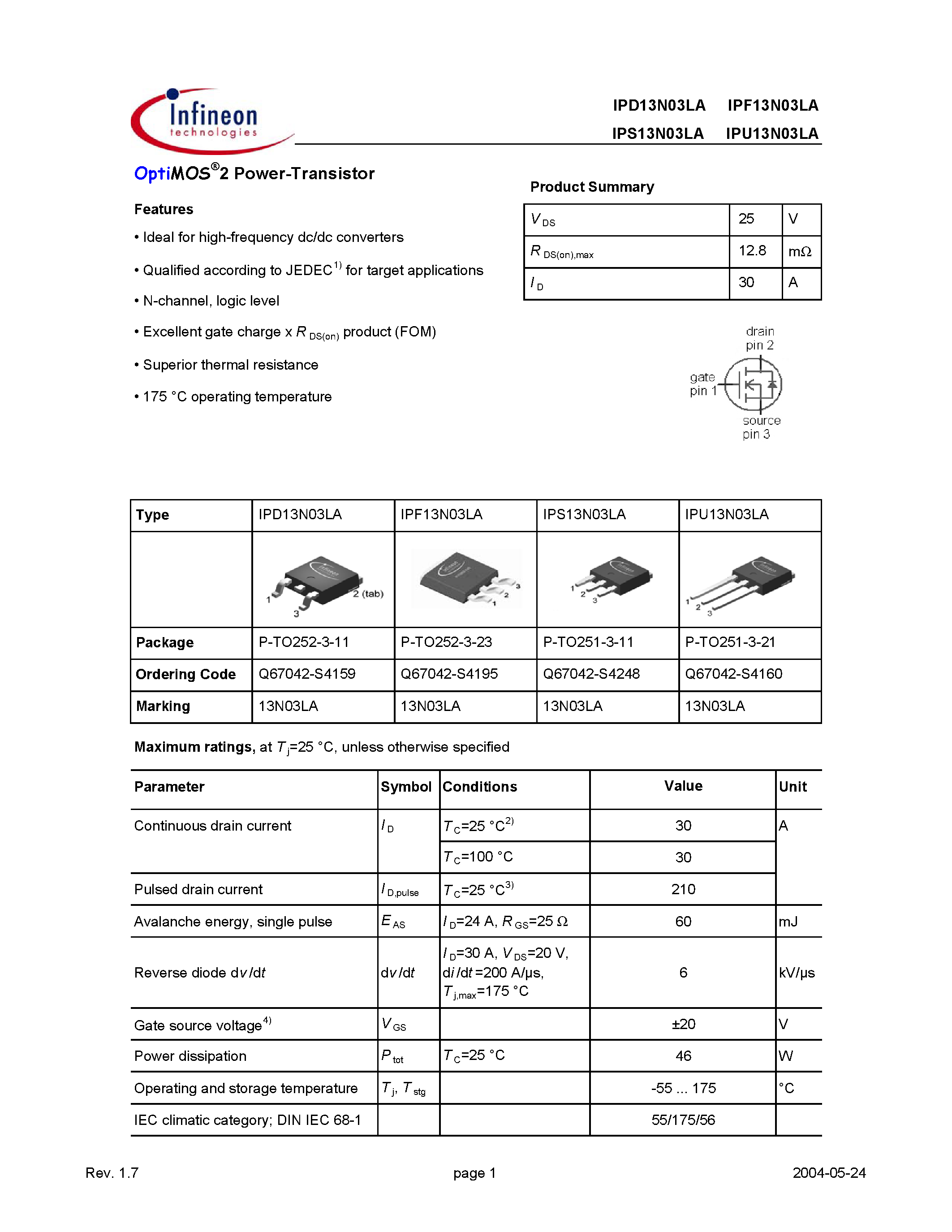 Даташит IPS13N03LA - OptiMOS 2 Power-Transistor страница 1