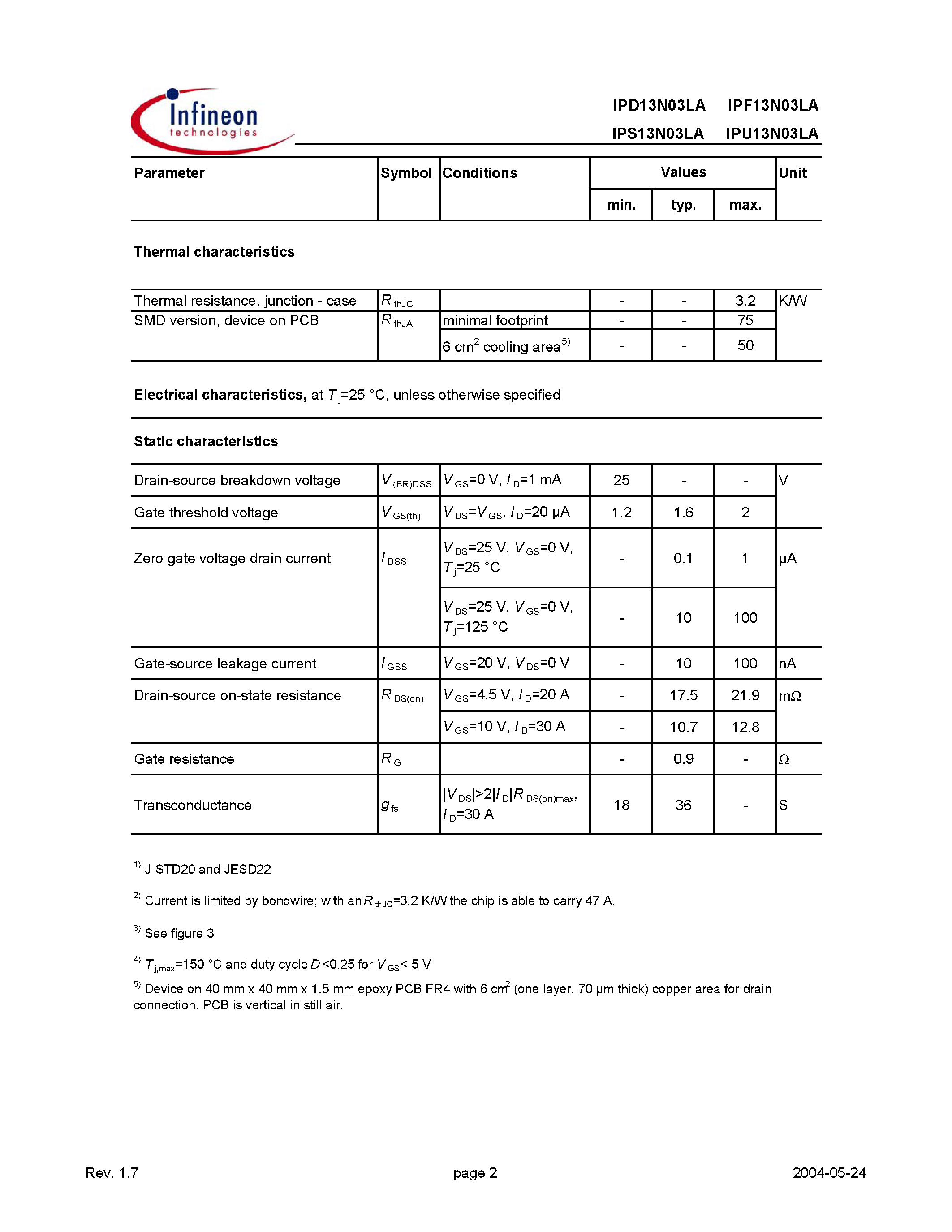 Даташит IPS13N03LA - OptiMOS 2 Power-Transistor страница 2
