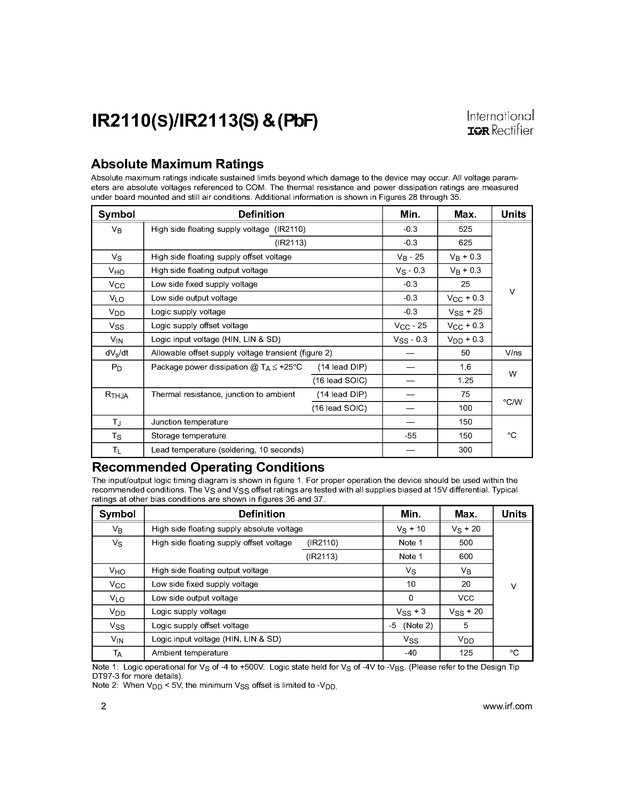 Даташит на микросхему IR2110S страница 2 Даташит IR2110S - HIGH AND LOW SIDE DRIVER страница 2