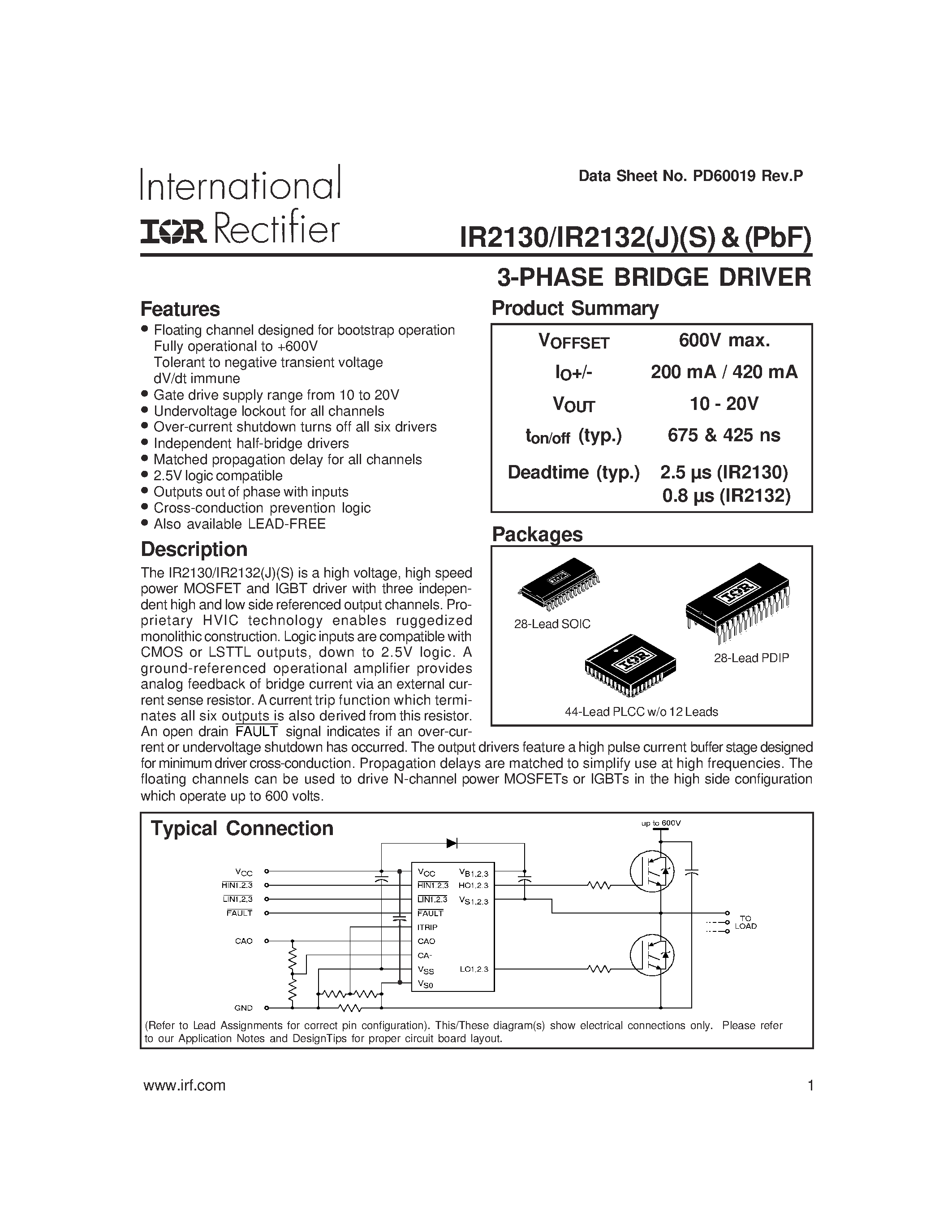 Даташит IR2130 - 3-PHASE BRIDGE DRIVER страница 1