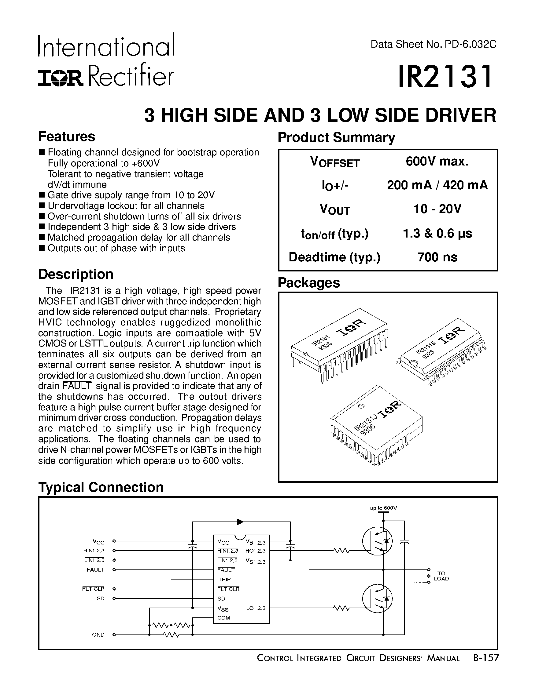 Datasheet IR2131 - 3 HIGH SIDE AND 3 LOW SIDE DRIVER page 1
