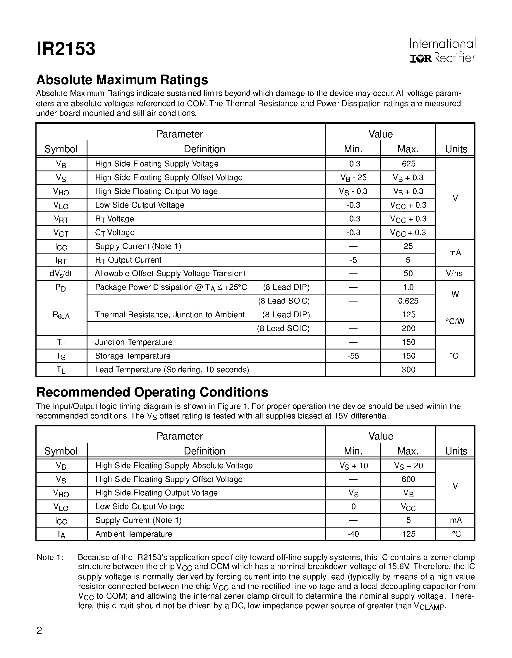 Даташит IR2153 - SELF-OSCILLATING HALF-BRIDGE DRIVER страница 2