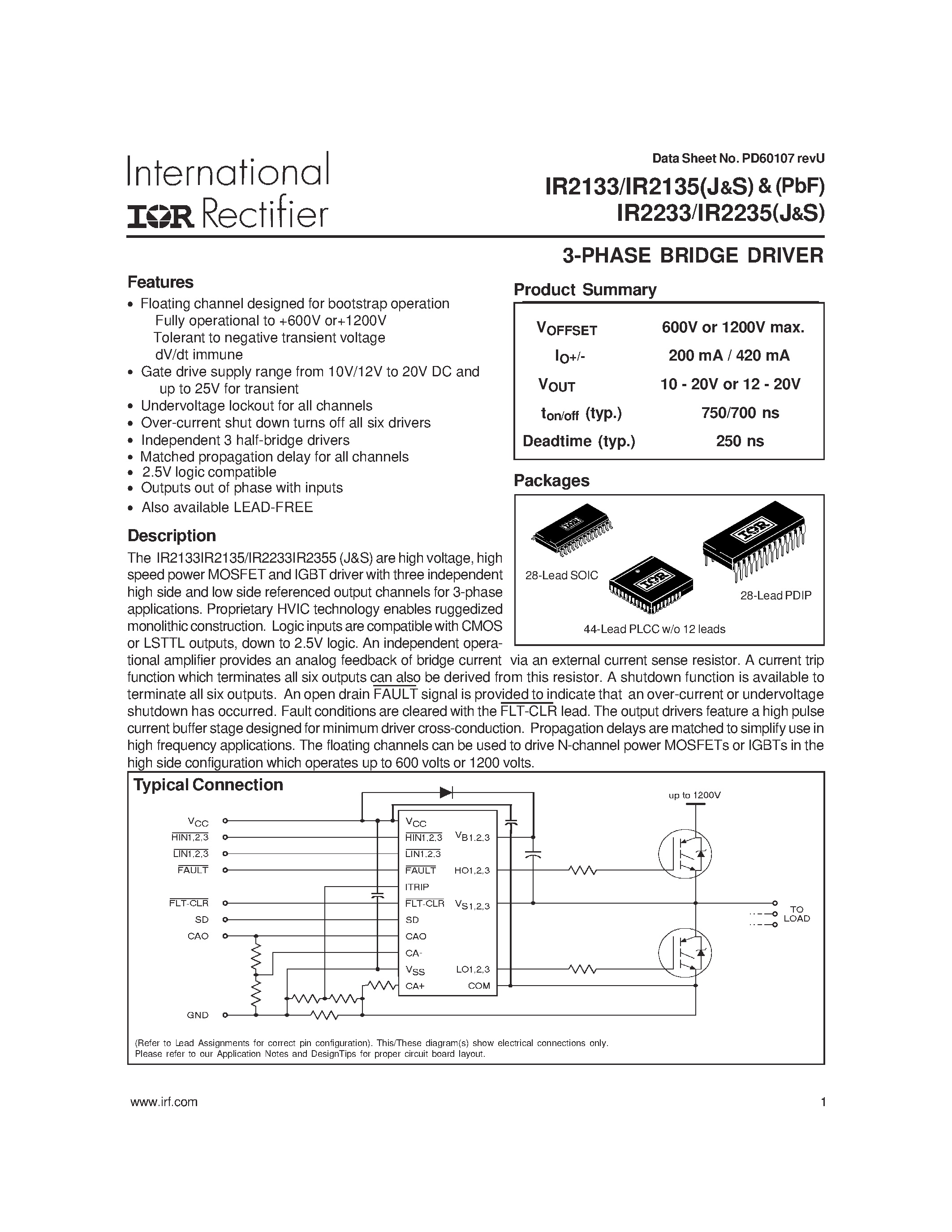 Datasheet IR2233 - 3-PHASE BRIDGE DRIVER page 1