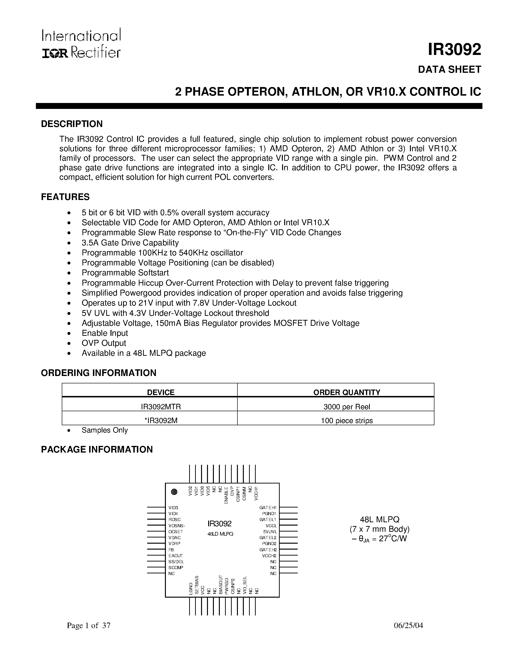 Datasheet IR3092 - 2 PHASE OPTERON/ ATHLON/ OR VR10.X CONTROL IC page 1
