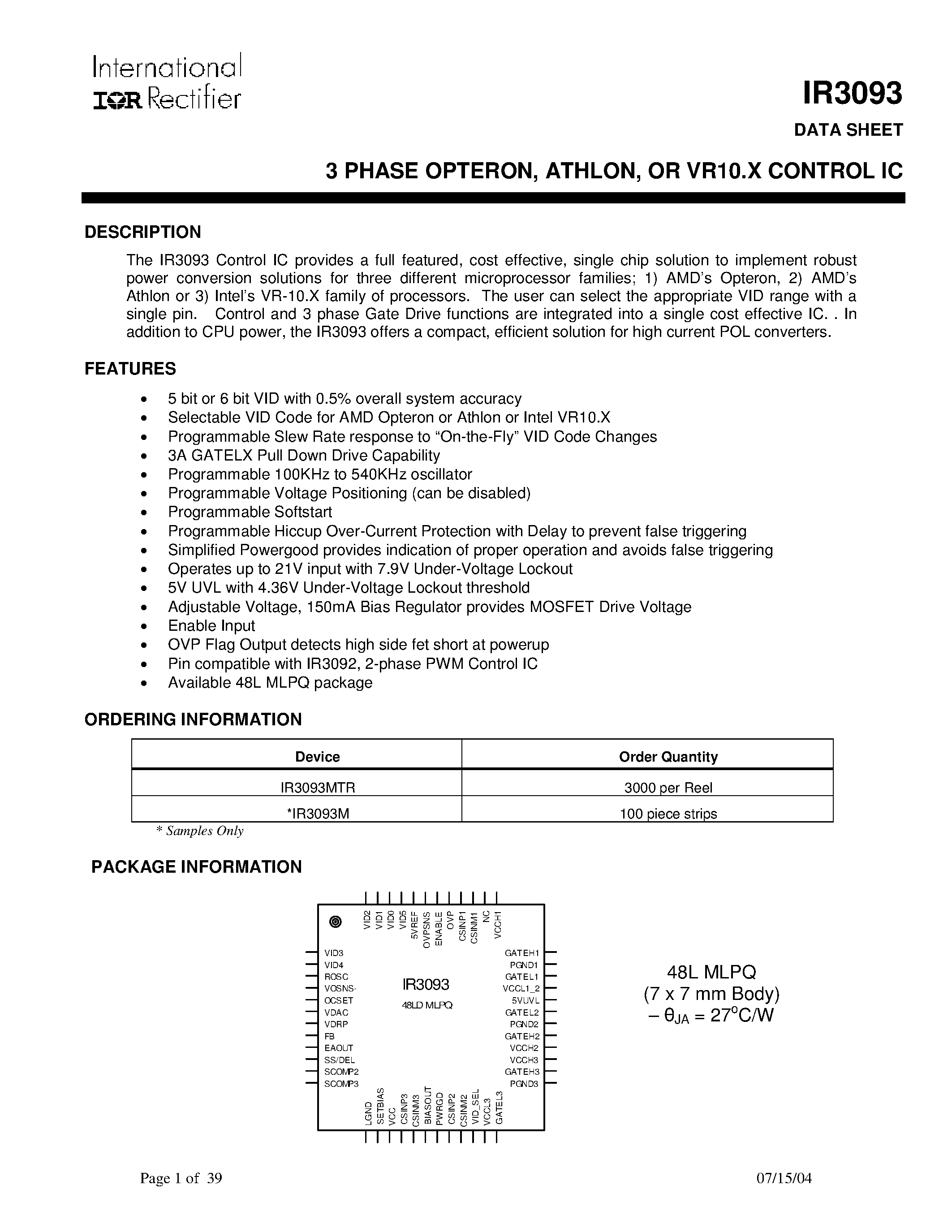 Datasheet IR3093M - 3 PHASE OPTERON/ ATHLON/ OR VR10.X CONTROL IC page 1