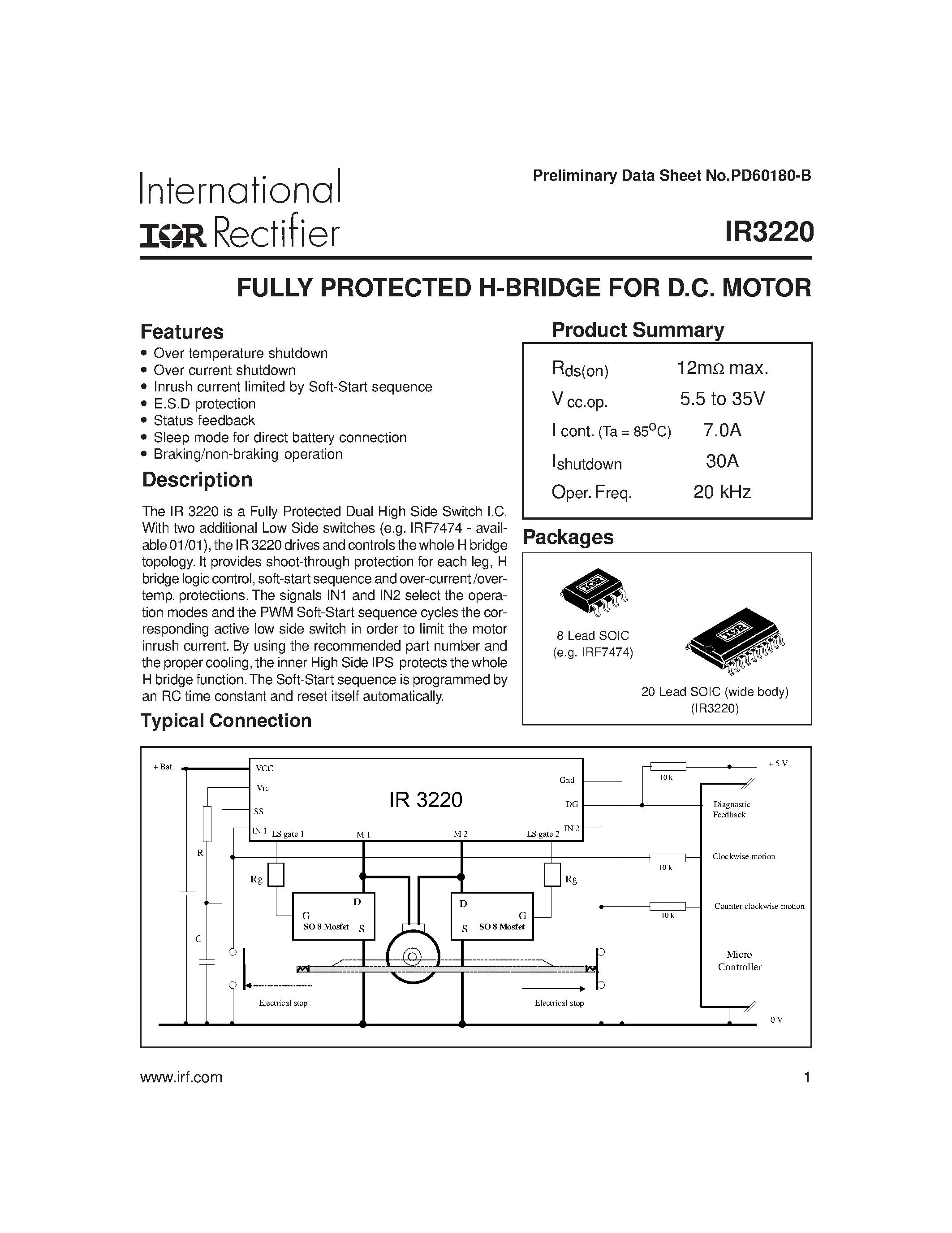Datasheet IR3220 page 1 Datasheet IR3220 - FULLY PROTECTED H-BRIDGE FOR D.C. MOTOR page 1