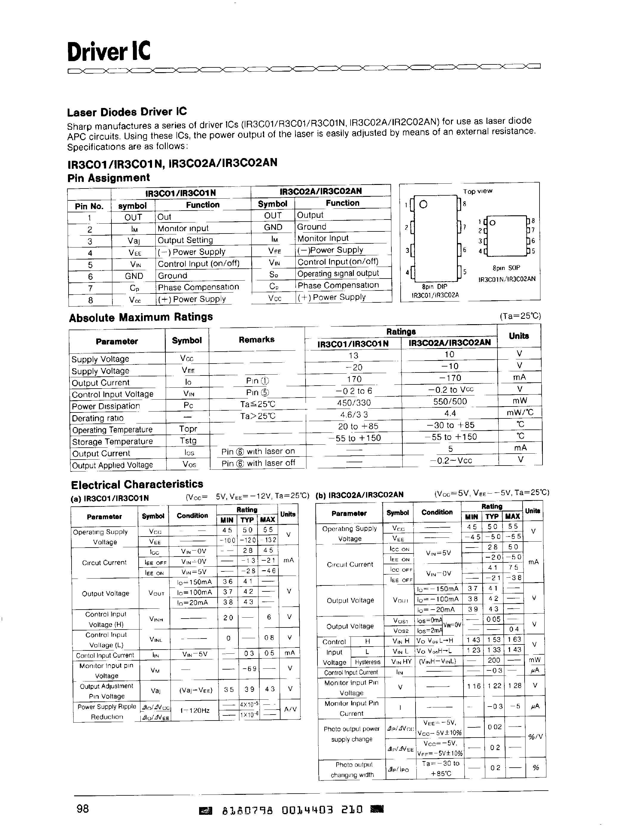 Даташит на микросхему IR3C02AN страница 1 Даташит IR3C02AN - LASER DIODES DRIVER IC страница 1