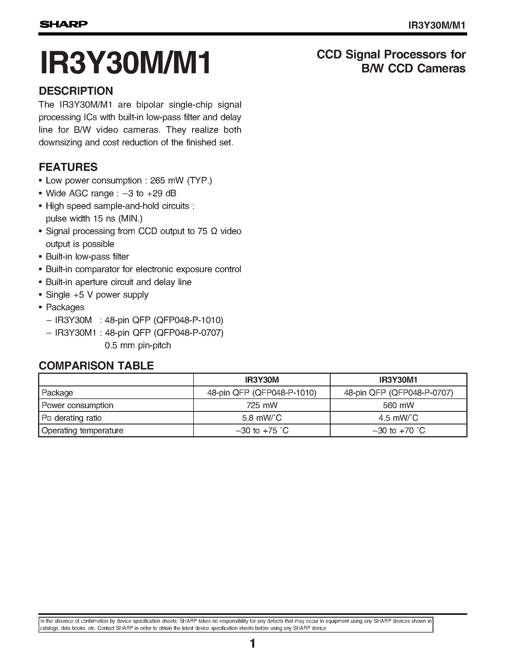 Datasheet IR3Y30M1 page 1 Datasheet IR3Y30M1 - CCD Signal Processors for B/W CCD Cameras page 1