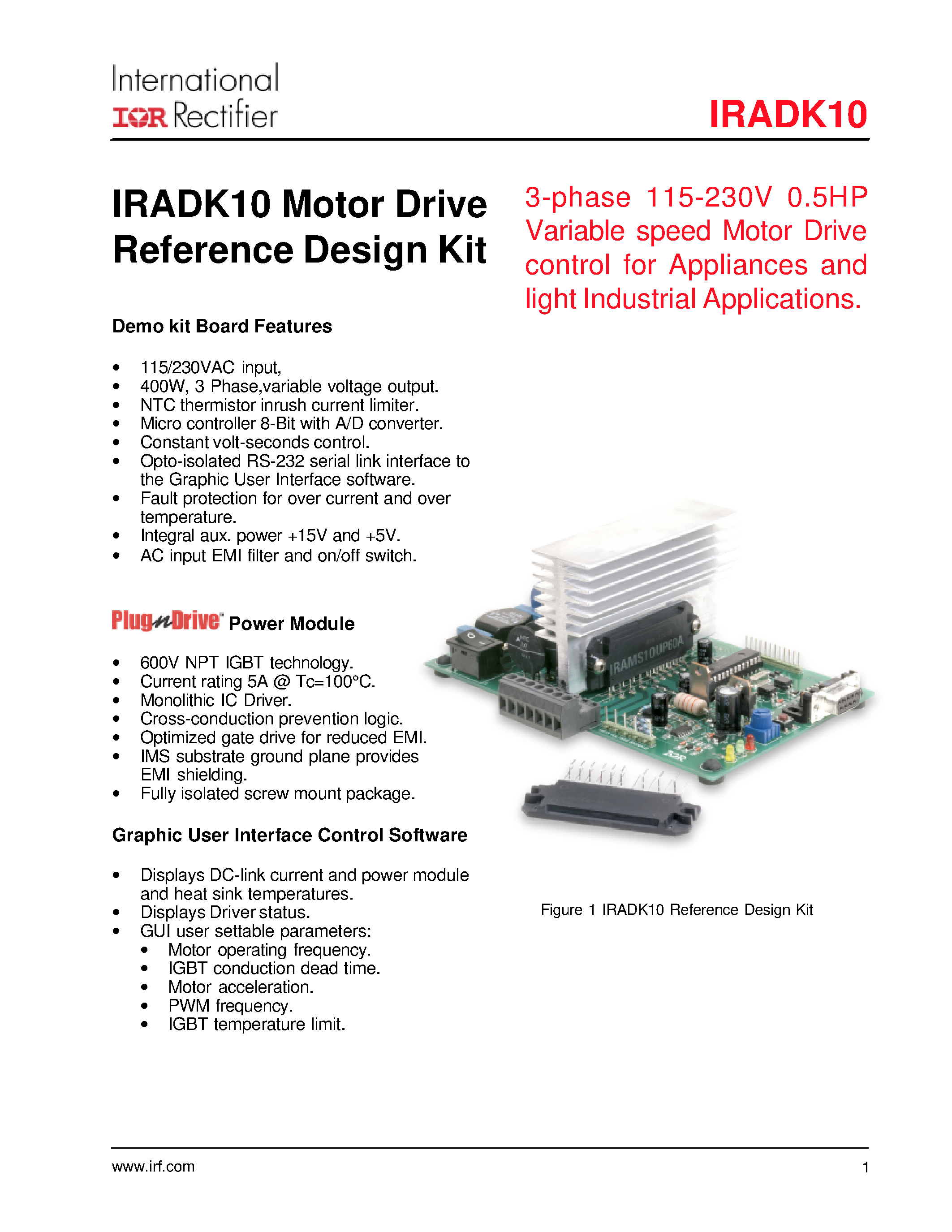 Datasheet IRADK10 - 3-phase 115-230V 0.5HP Variable speed Motor Drive control for Appliances and light Industrial Applications. page 1