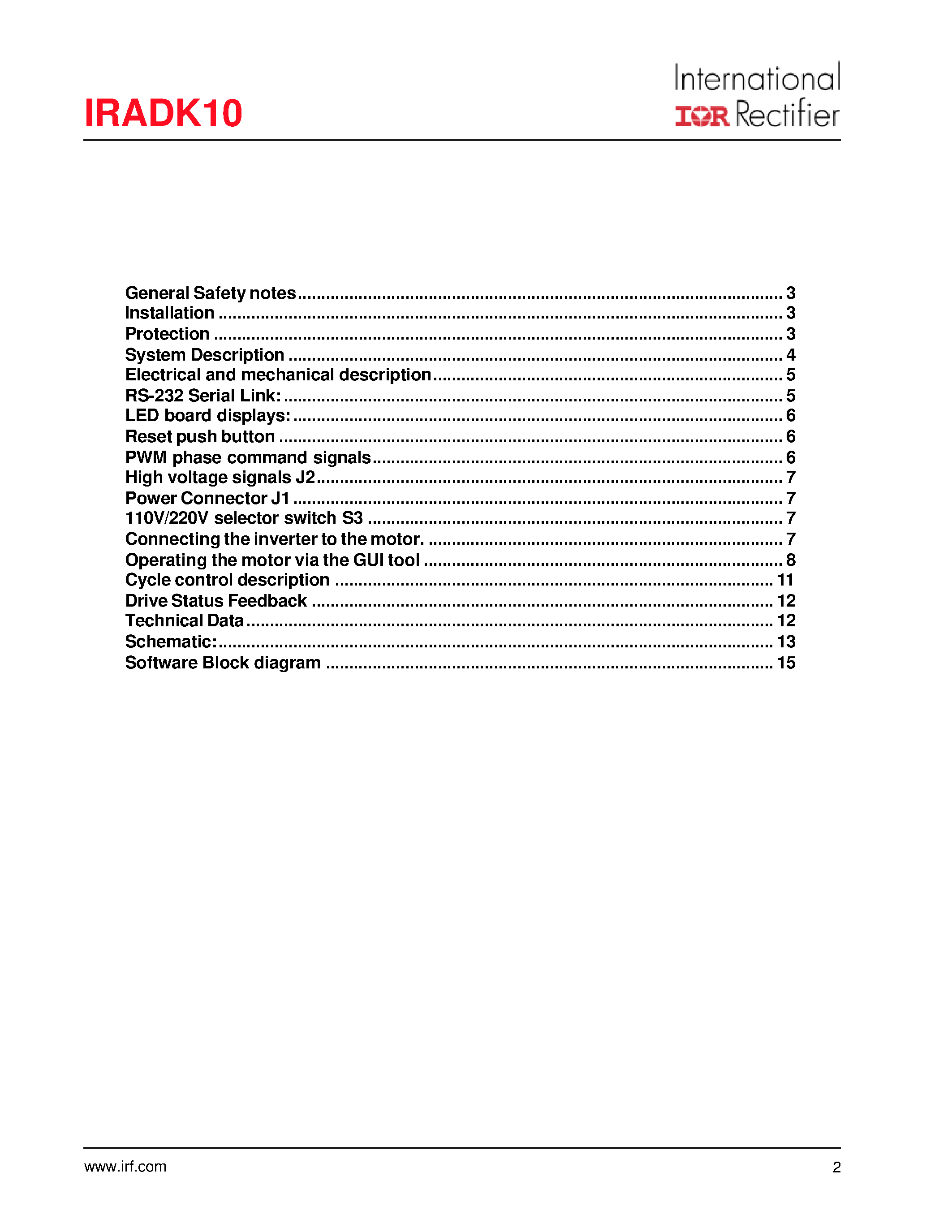 Datasheet IRADK10 - 3-phase 115-230V 0.5HP Variable speed Motor Drive control for Appliances and light Industrial Applications. page 2