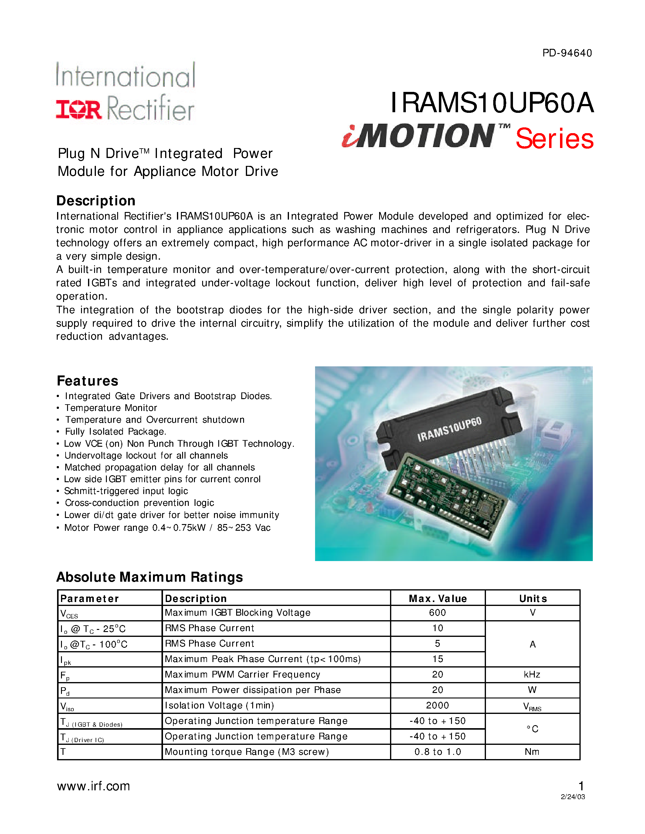 Datasheet IRAMS10UP60A - Plug N DriveTM Integrated Power Module for Appliance Motor Drive page 1