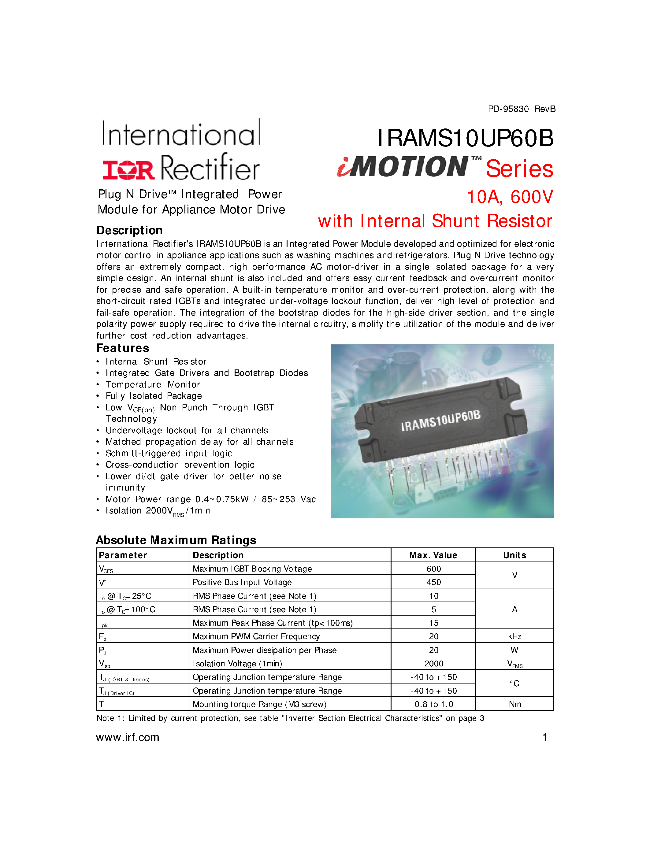 Даташит на микросхему IRAMS10UP60B страница 1 Даташит IRAMS10UP60B - Plug N DriveTM Integrated Power Module for Appliance Motor Drive страница 1