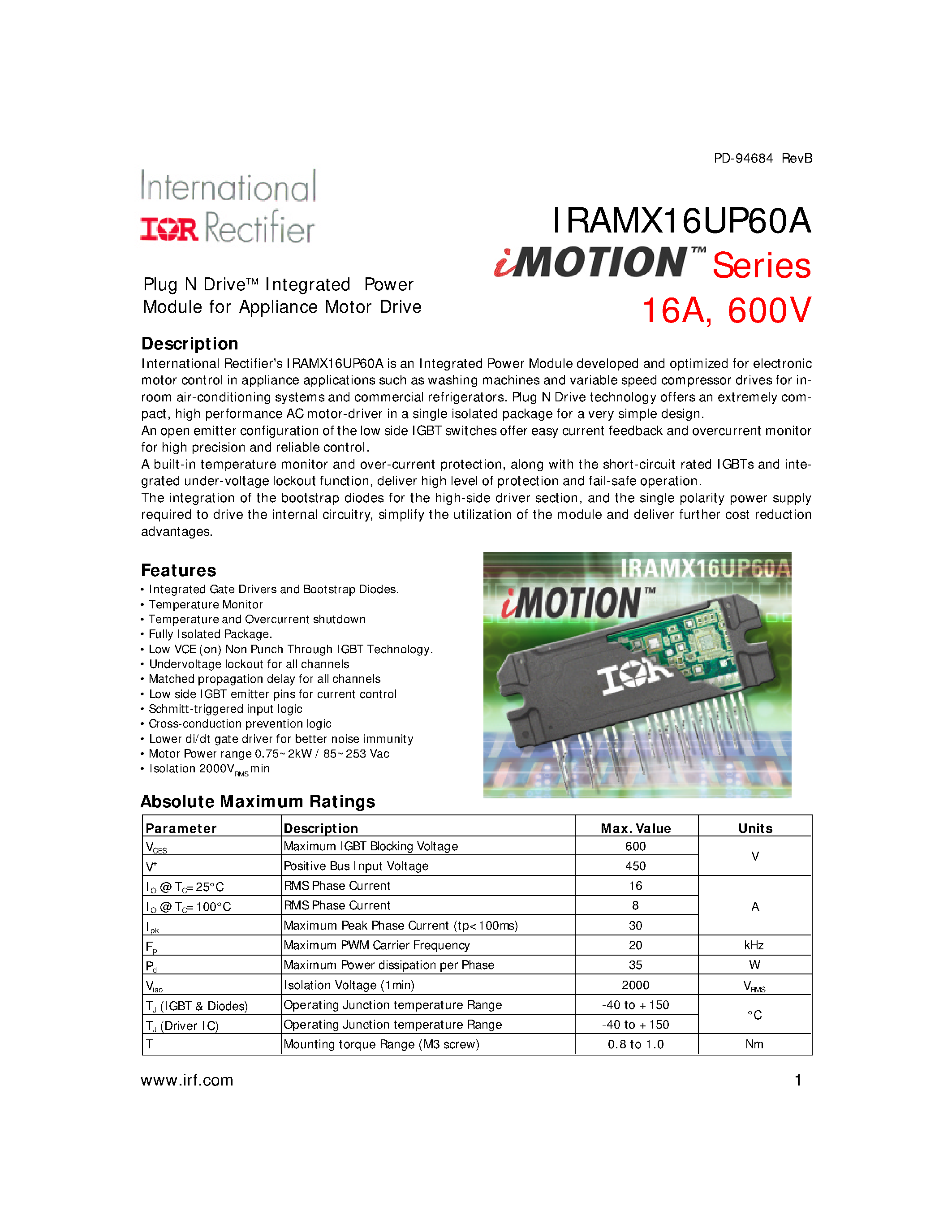 Datasheet IRAMX16UP60A - Plug N DriveTM Integrated Power Module for Appliance Motor Drive page 1