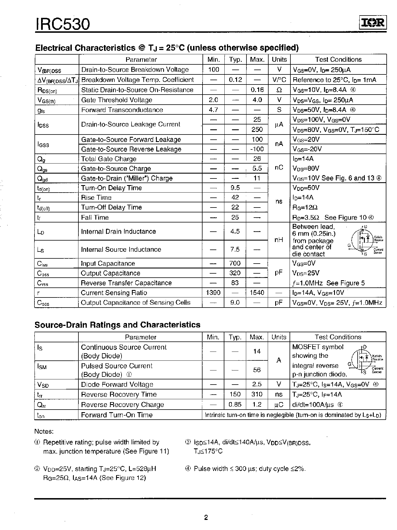 Datasheet IRC530 - Power MOSFET(Vdss=100V/ Rds(on)=0.16ohm/ Id=14A) page 2