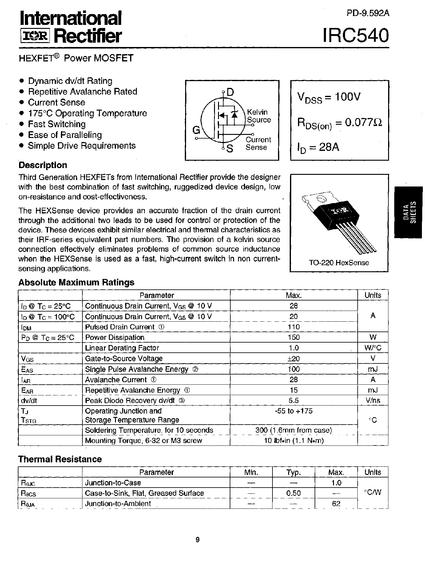 Datasheet IRC540 page 1 Datasheet IRC540 - Power MOSFET(Vdss=100V/ Rds(on)=0.077ohm/ Id=28A) page 1