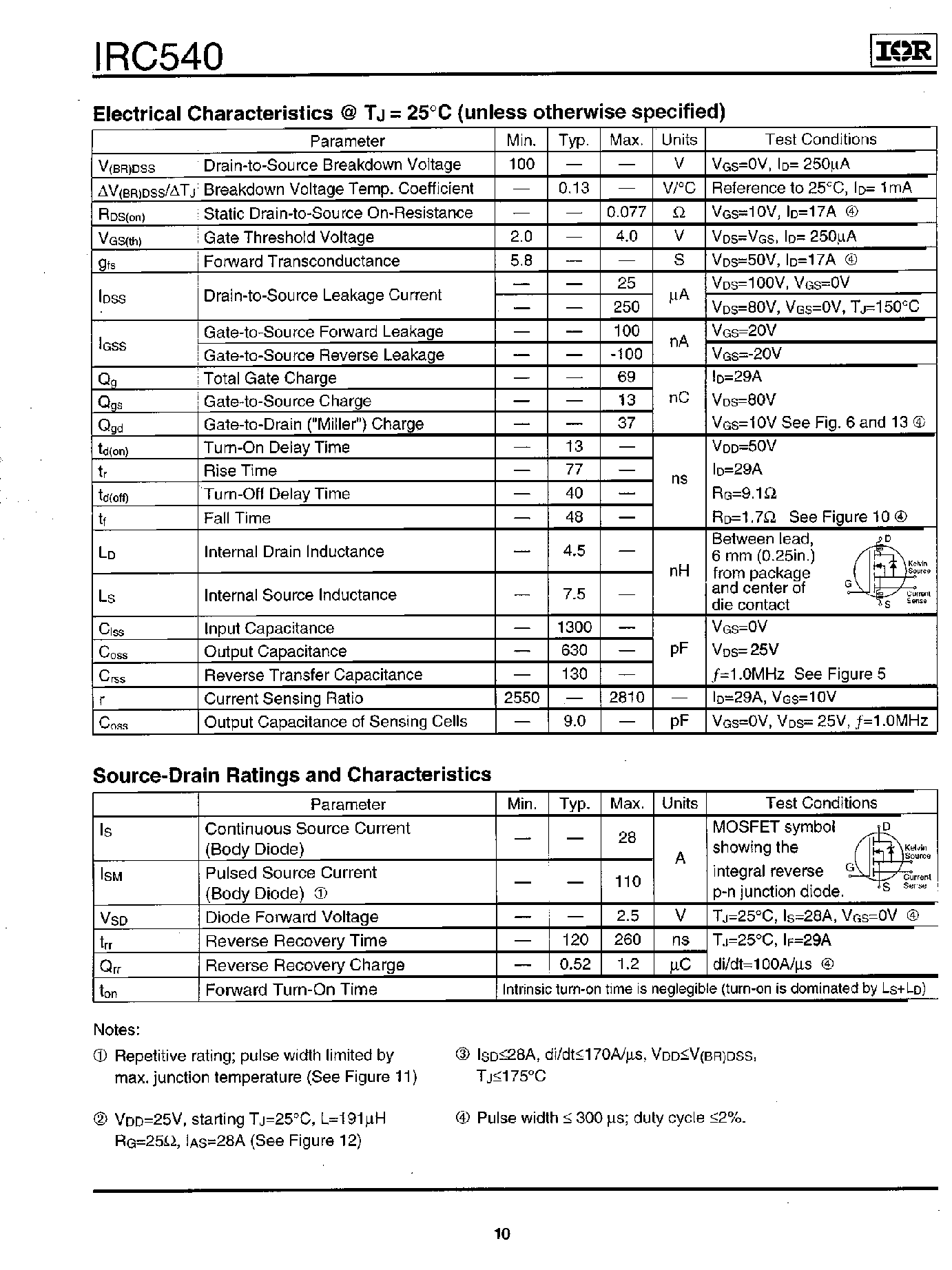 Datasheet IRC540 page 2 Datasheet IRC540 - Power MOSFET(Vdss=100V/ Rds(on)=0.077ohm/ Id=28A) page 2