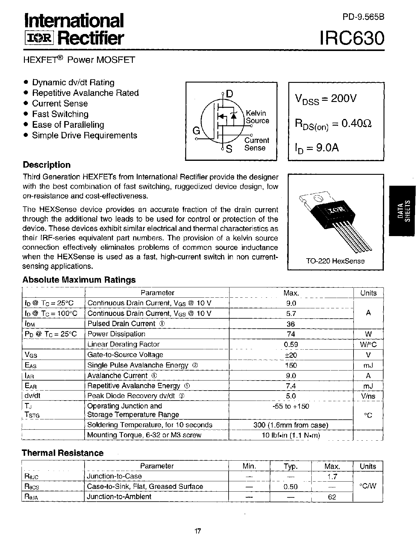 Datasheet IRC630 - Power MOSFET(Vdss=200V/ Rds(on)=0.40ohm/ Id=9.0A) page 1