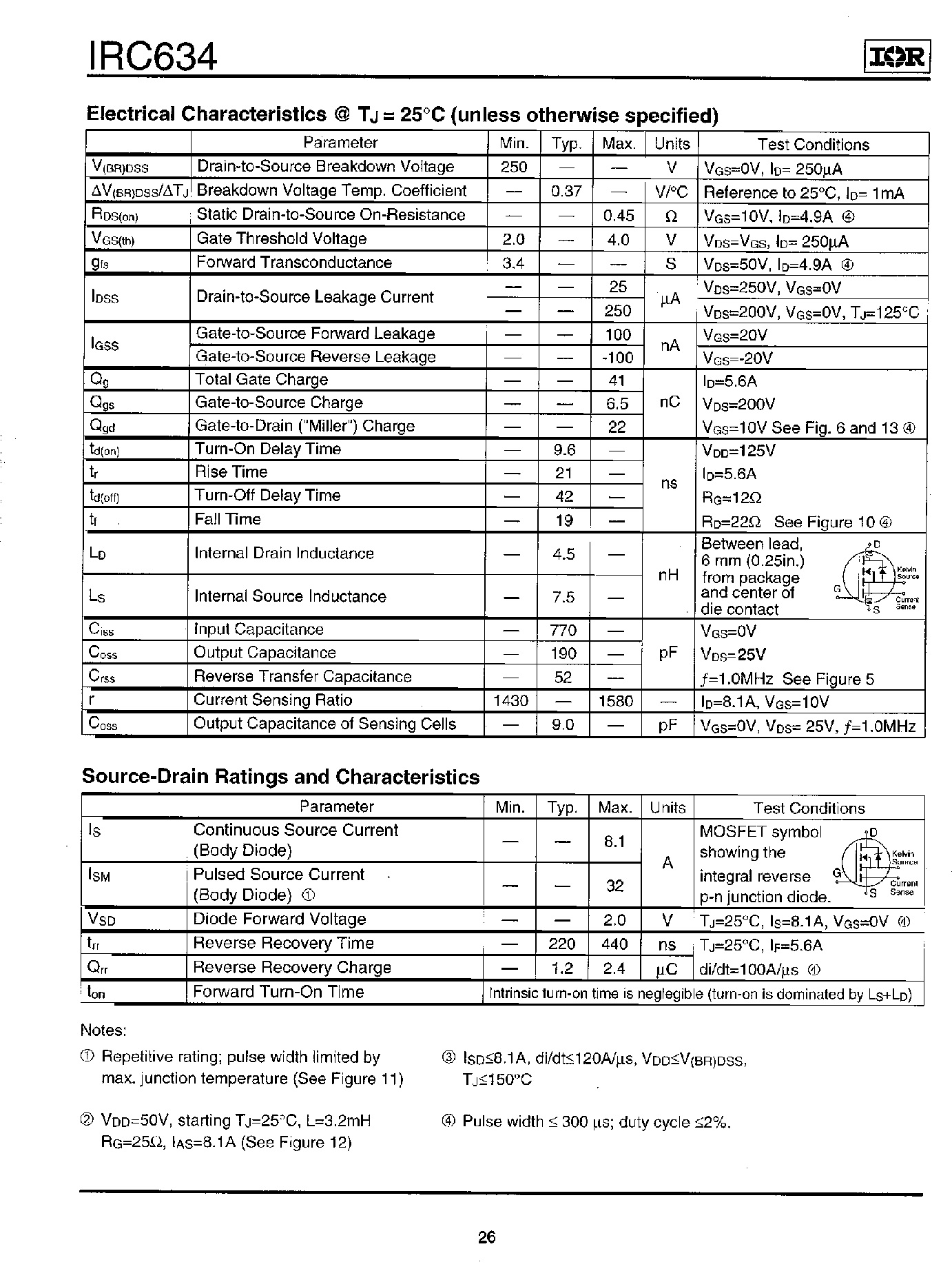 Datasheet IRC634 page 2 Datasheet IRC634 - Power MOSFET(Vdss=250V/ Rds(on)=0.45ohm/ Id=8.1A) page 2
