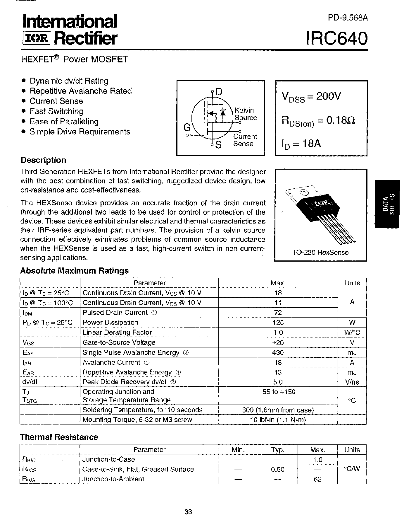 Datasheet IRC640 - Power MOSFET(Vdss=200V/ Rds(on)=0.18ohm/ Id=18A) page 1