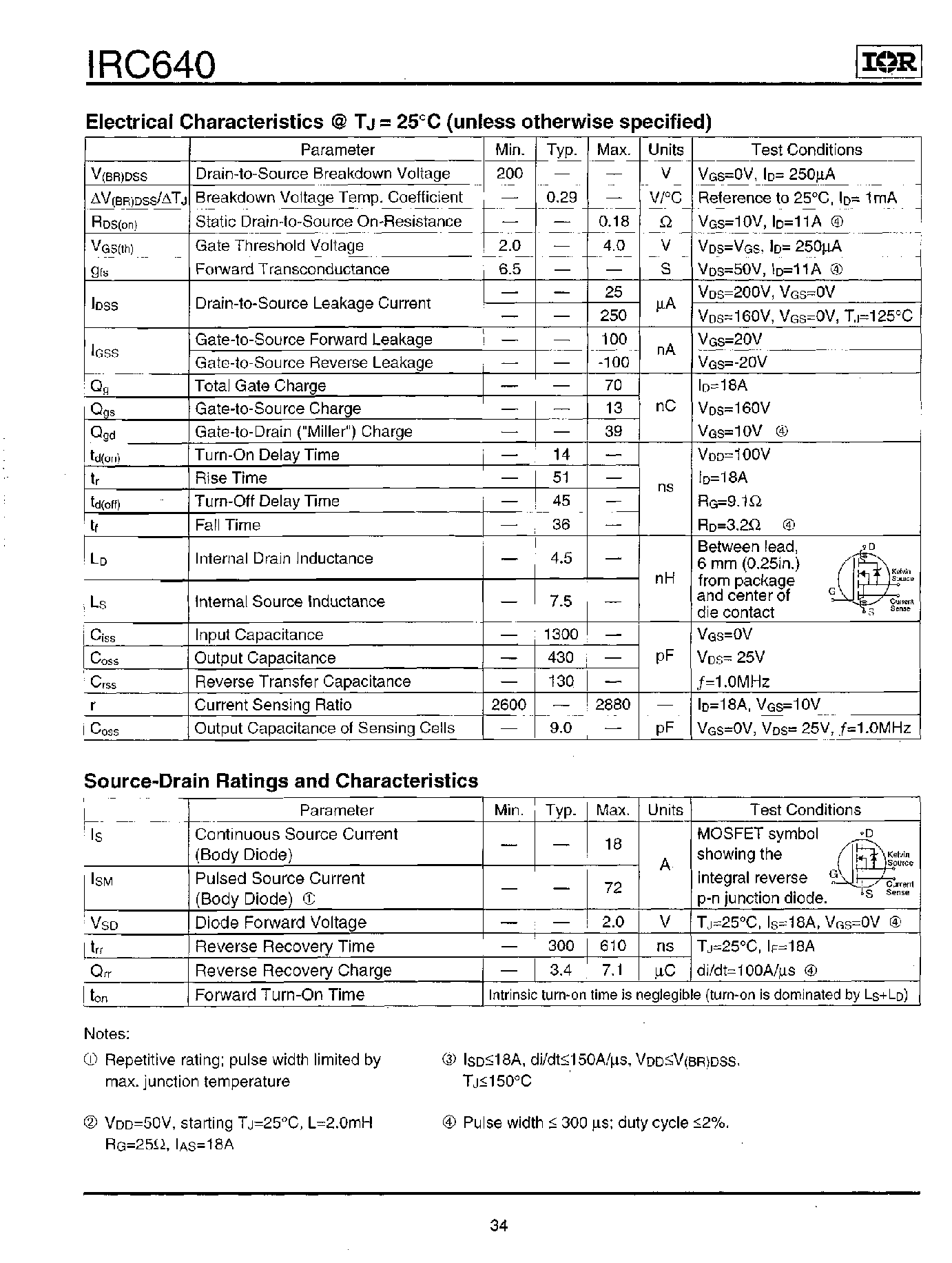 Datasheet IRC640 - Power MOSFET(Vdss=200V/ Rds(on)=0.18ohm/ Id=18A) page 2