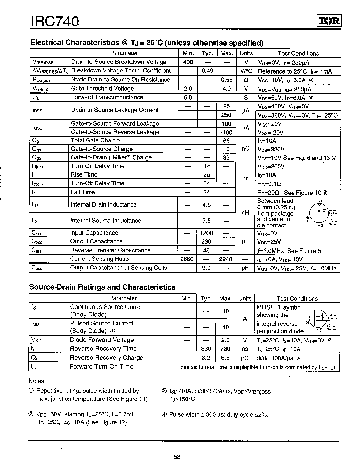 Datasheet IRC740 page 2 Datasheet IRC740 - Power MOSFET(Vdss=400V/ Rds(on)=0.55ohm/ Id=10A) page 2