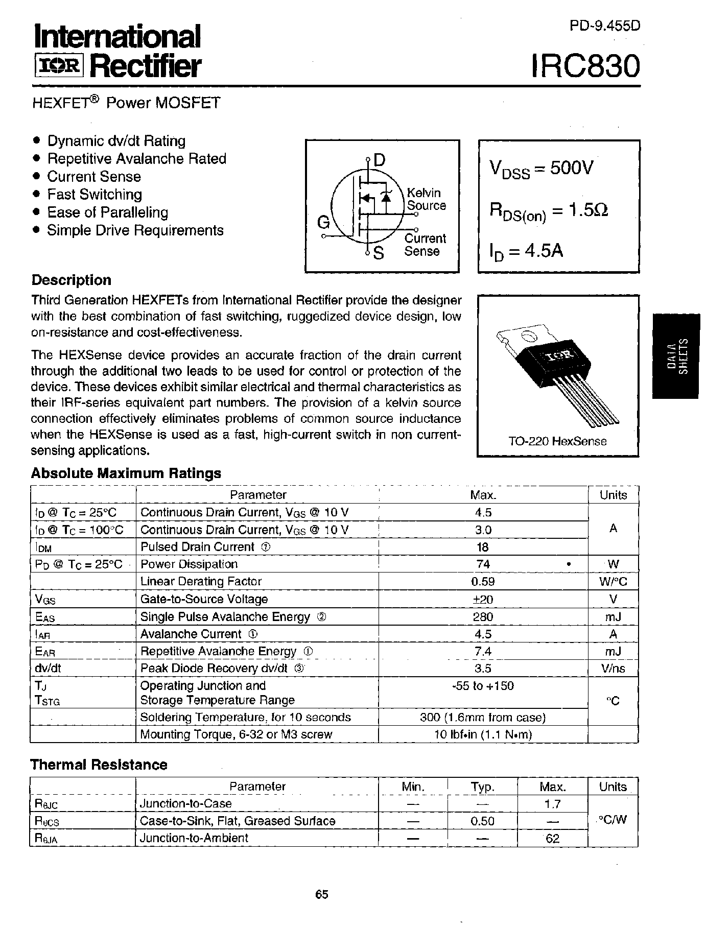 Даташит IRC830 - Power MOSFET(Vdss=500V/ Rds(on)=1.5ohm/ Id=4.5A) страница 1