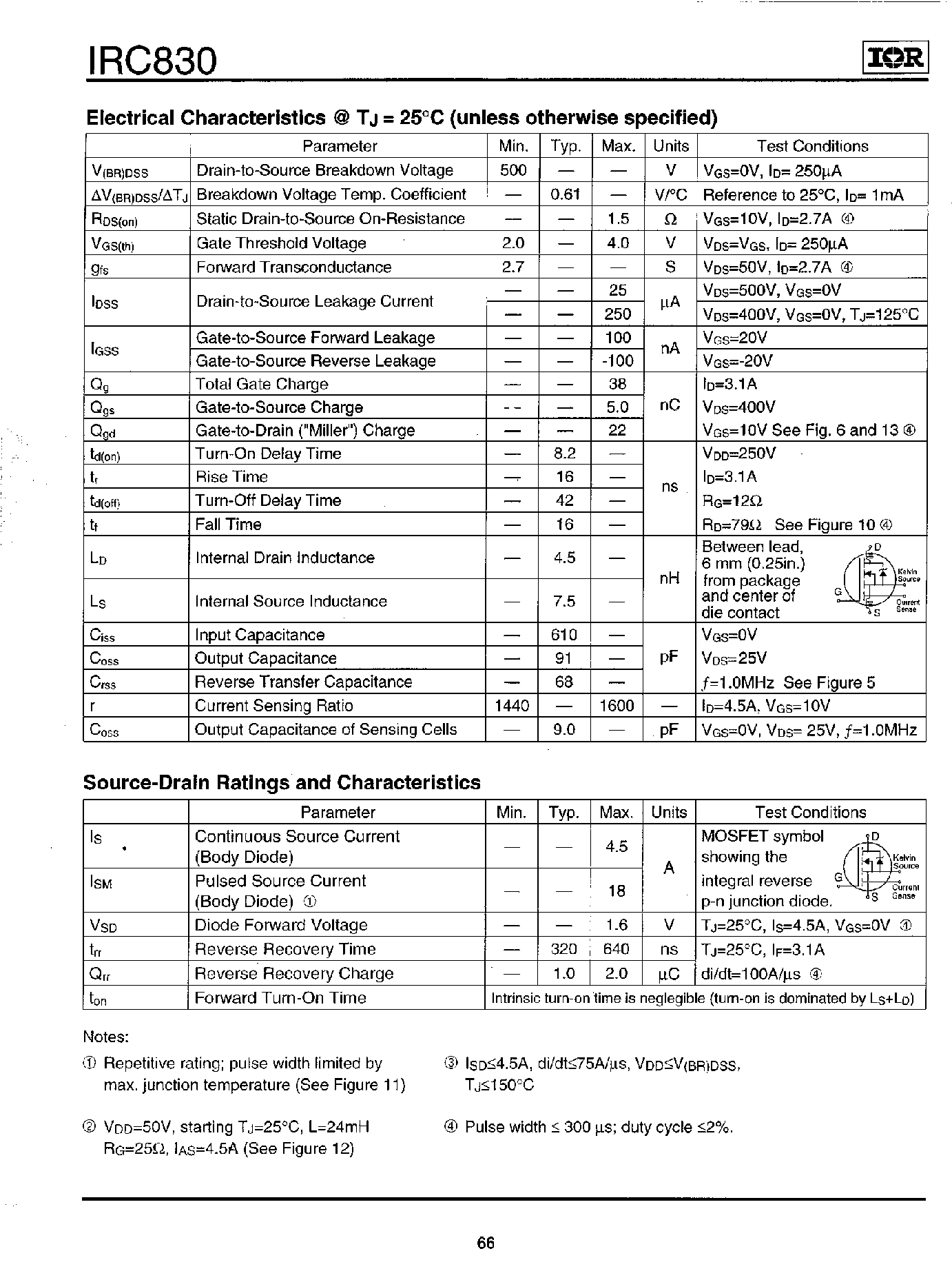 Даташит IRC830 - Power MOSFET(Vdss=500V/ Rds(on)=1.5ohm/ Id=4.5A) страница 2