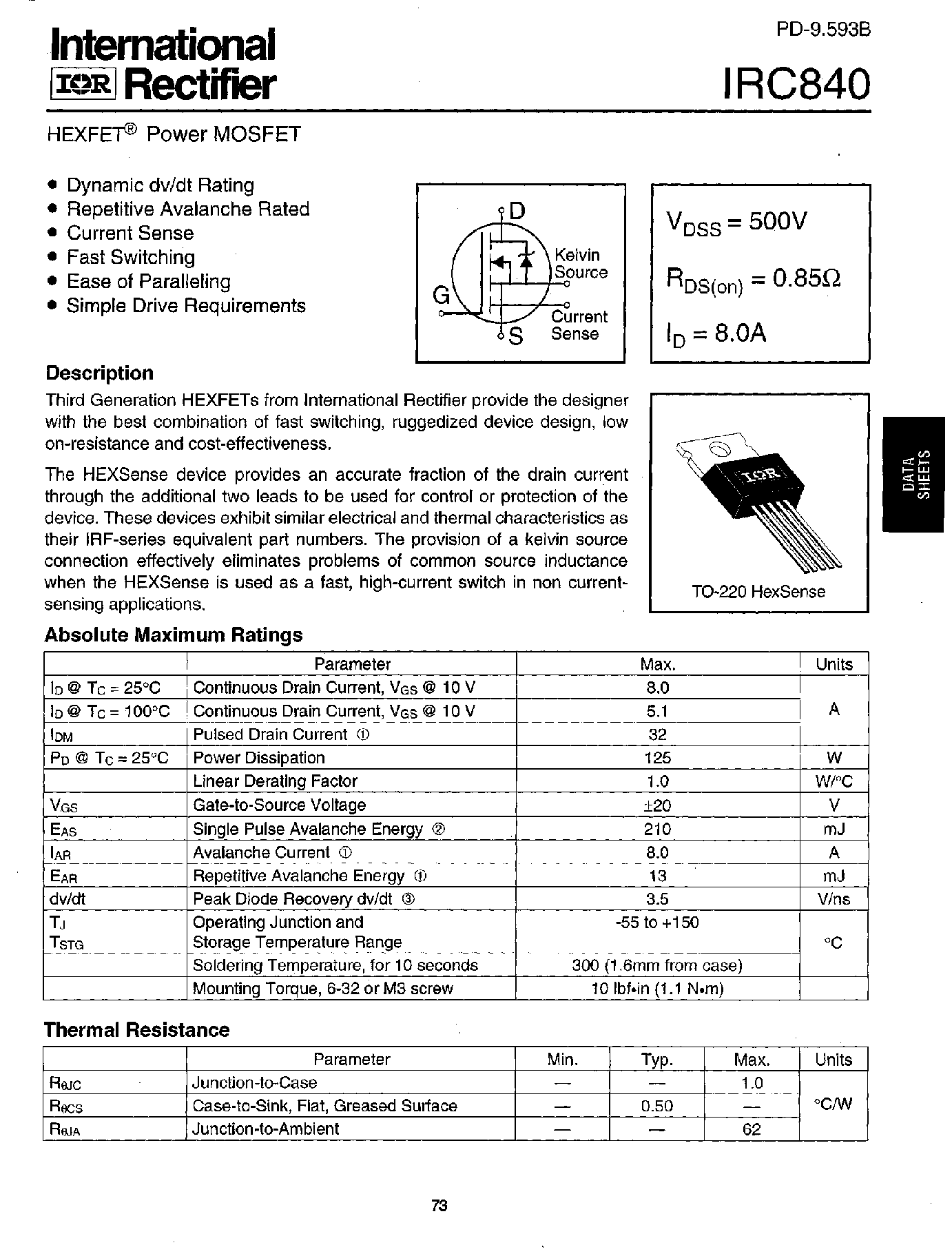 Datasheet IRC840 page 1 Datasheet IRC840 - Power MOSFET(Vdss=500V/ Rds(on)=0.85ohm/ Id=8.0A) page 1