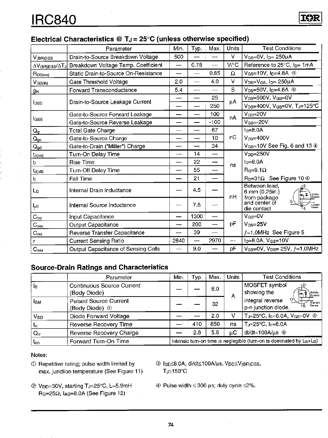 Datasheet IRC840 page 2 Datasheet IRC840 - Power MOSFET(Vdss=500V/ Rds(on)=0.85ohm/ Id=8.0A) page 2