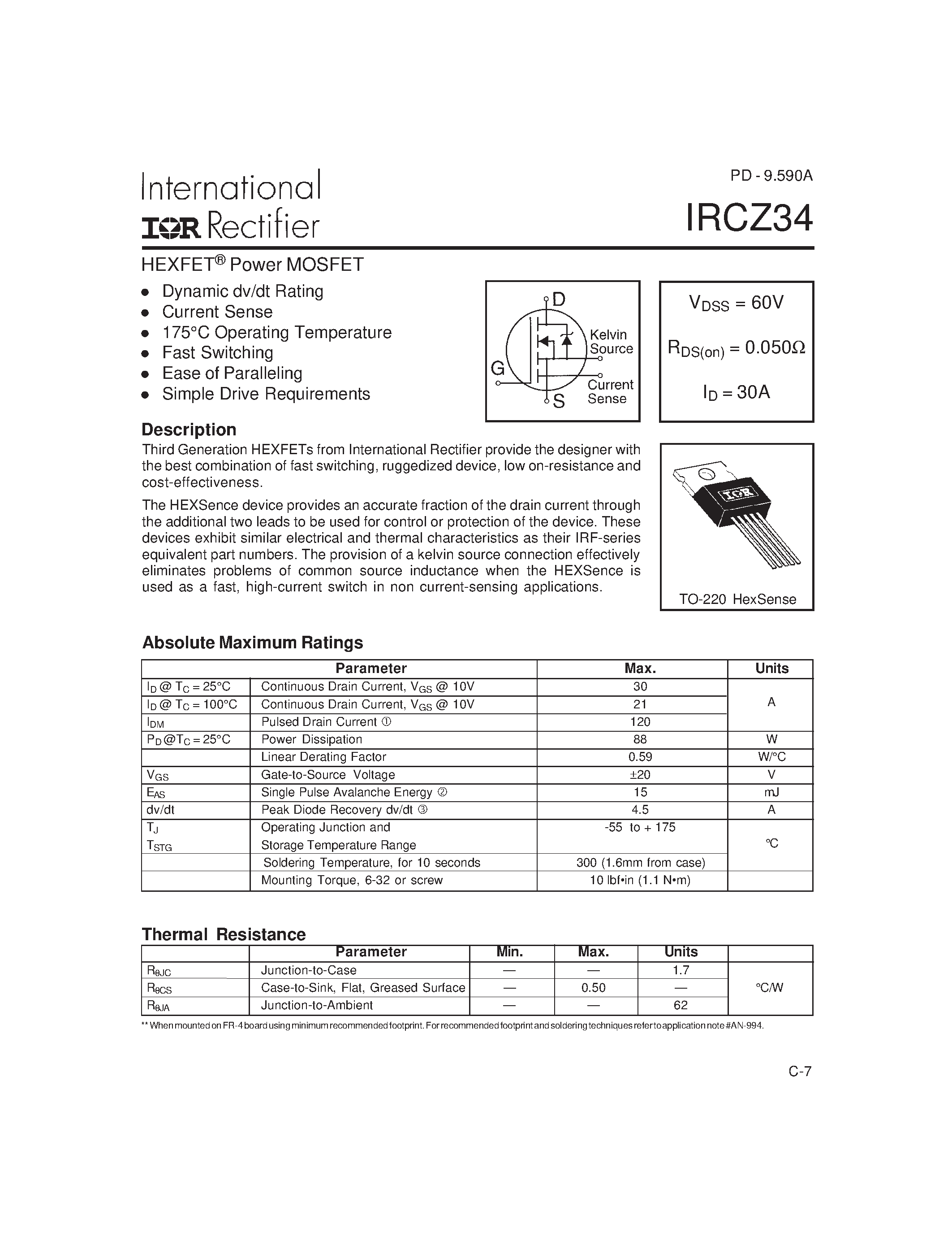 Datasheet IRCZ34 page 1 Datasheet IRCZ34 - Power MOSFET(Vdss=60V/ Rds(on)=0.050ohm/ Id=30A) page 1