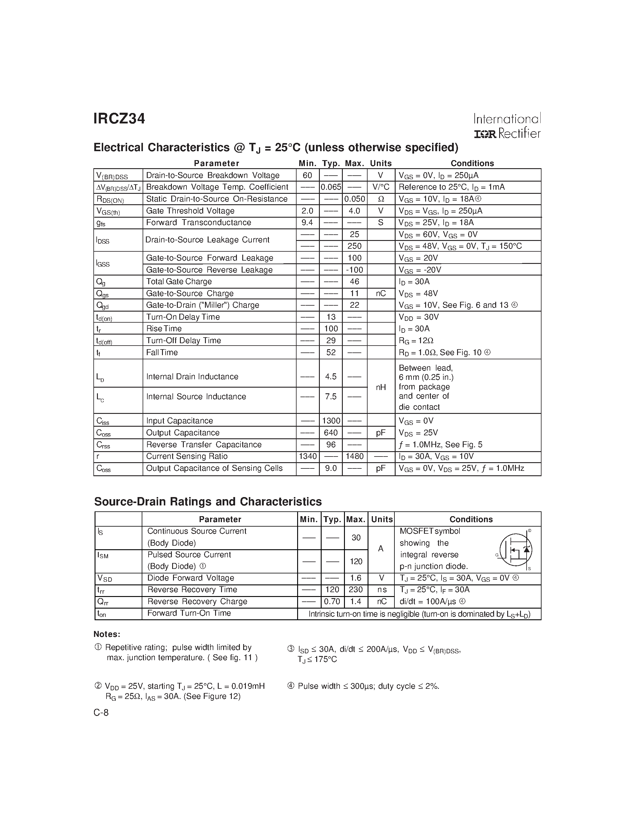 Datasheet IRCZ34 page 2 Datasheet IRCZ34 - Power MOSFET(Vdss=60V/ Rds(on)=0.050ohm/ Id=30A) page 2