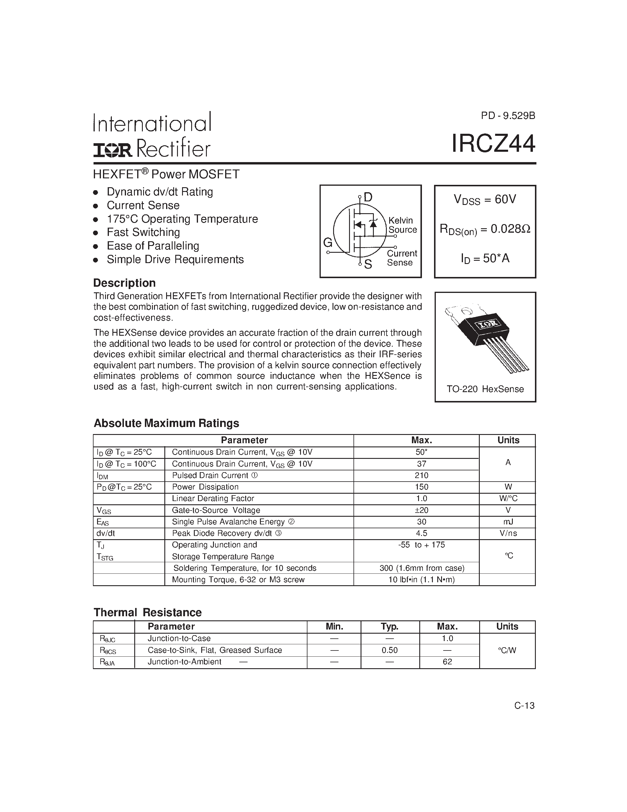 Datasheet IRCZ44 - Power MOSFET(Vdss=60V/ Rds(on)=0.028ohm/ Id=50A) page 1