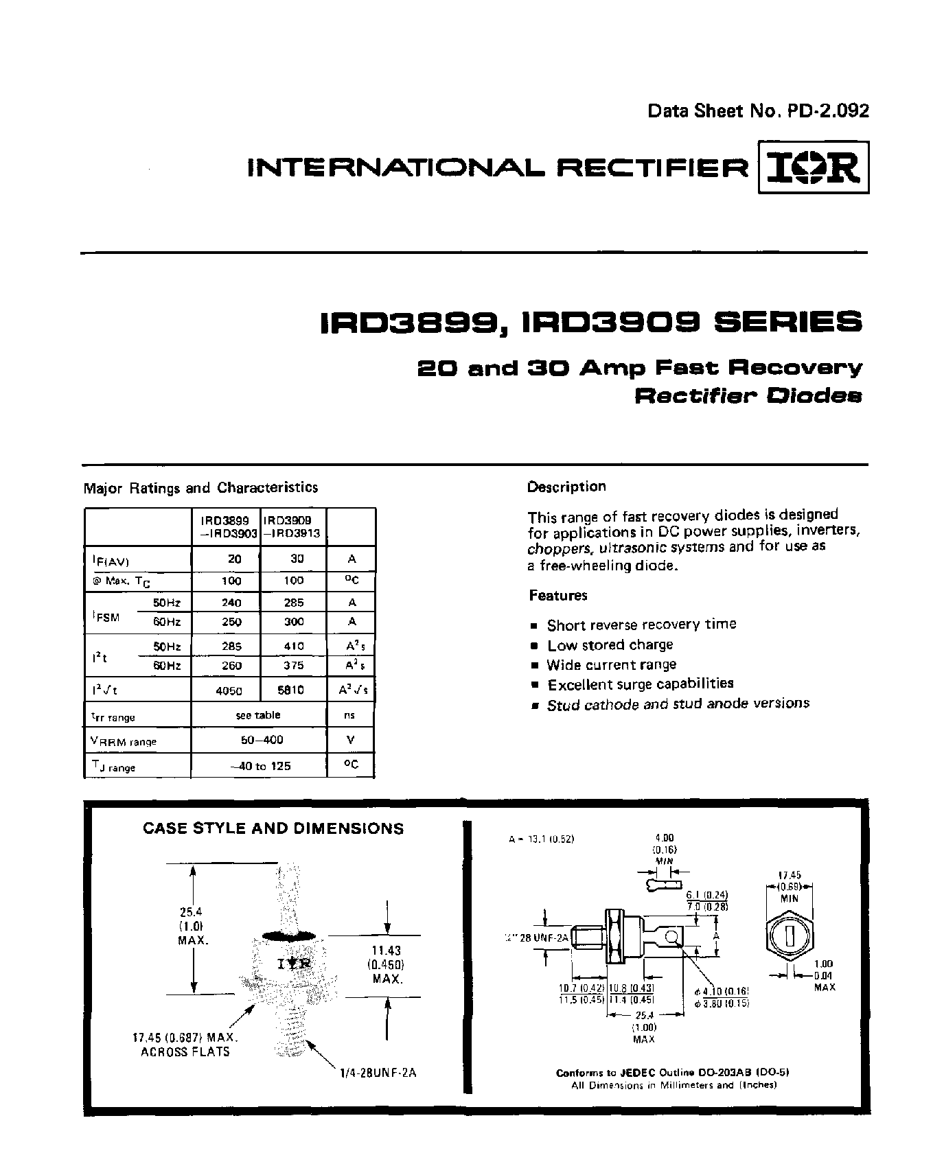 Datasheet IRD3909 - 20 AND 30 AMP FAST RECOVERY RECTIFIER DIODES page 1
