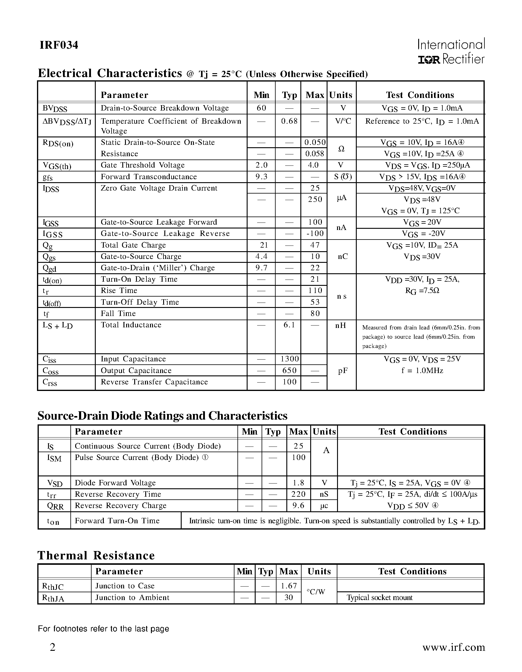 Datasheet IRF034 page 2 Datasheet IRF034 - REPETITIVE AVALANCHE AND dv/dt RATED HEXFET TRANSISTORS THRU-HOLE (TO-204AA/AE) page 2