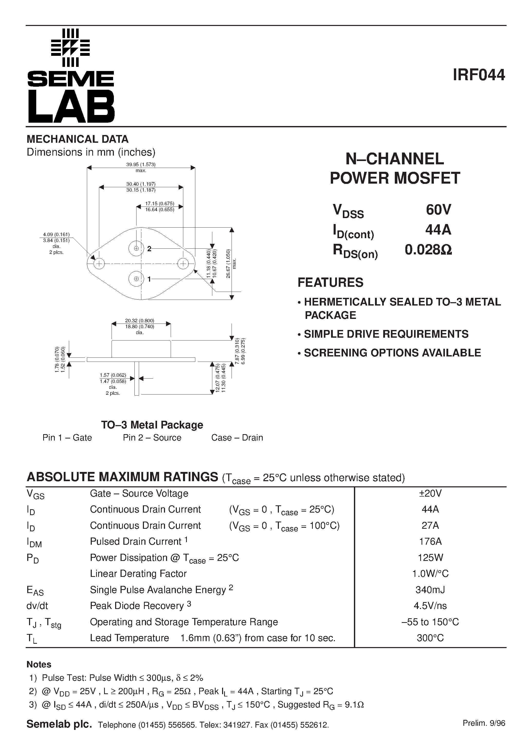 Datasheet IRF044 - N-CHANNEL POWER MOSFET page 1