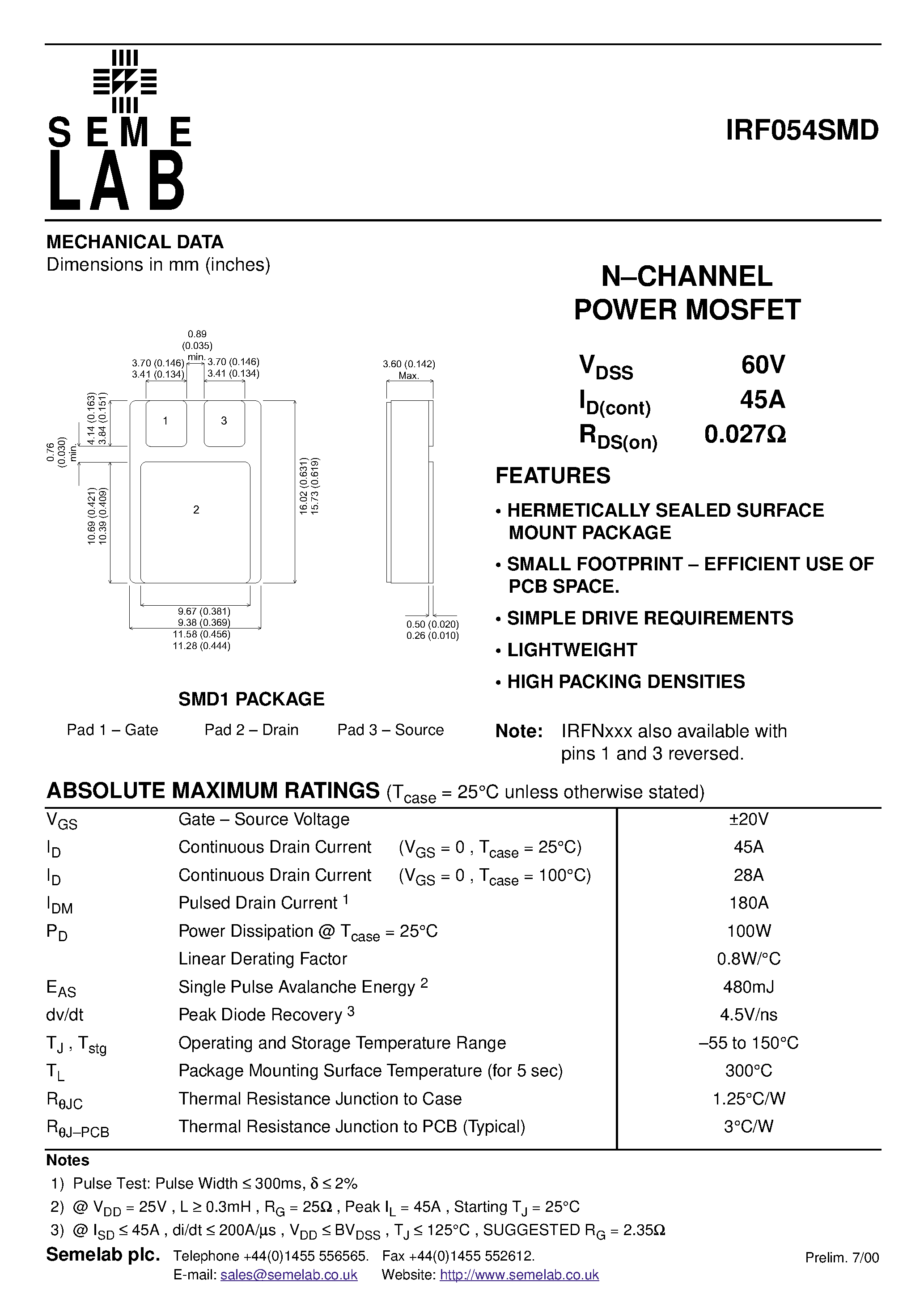 Datasheet IRF054SMD - N-CHANNEL POWER MOSFET page 1