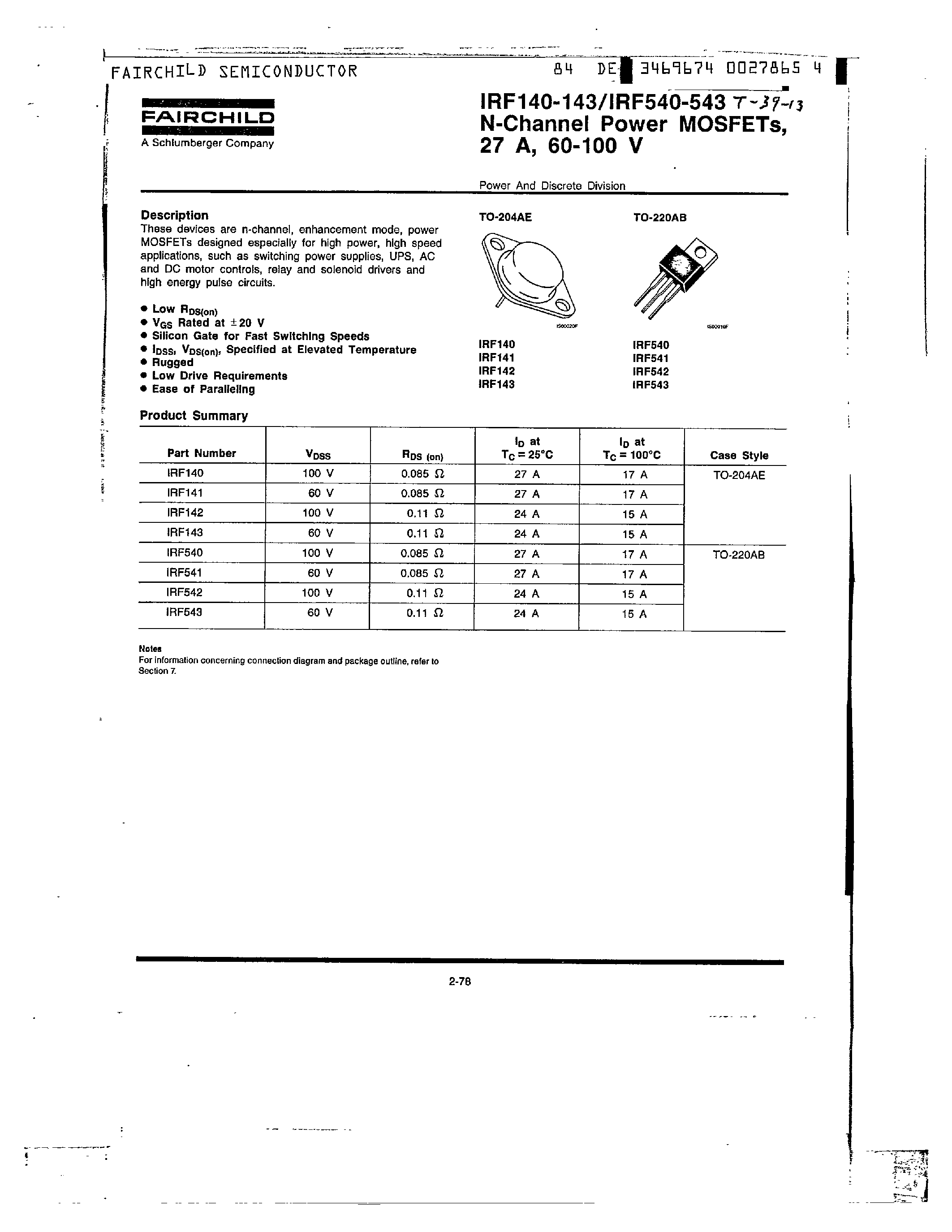 Datasheet IRF101 - N-Channel Power MOSFETs/ 27 A/ 60-100V page 1