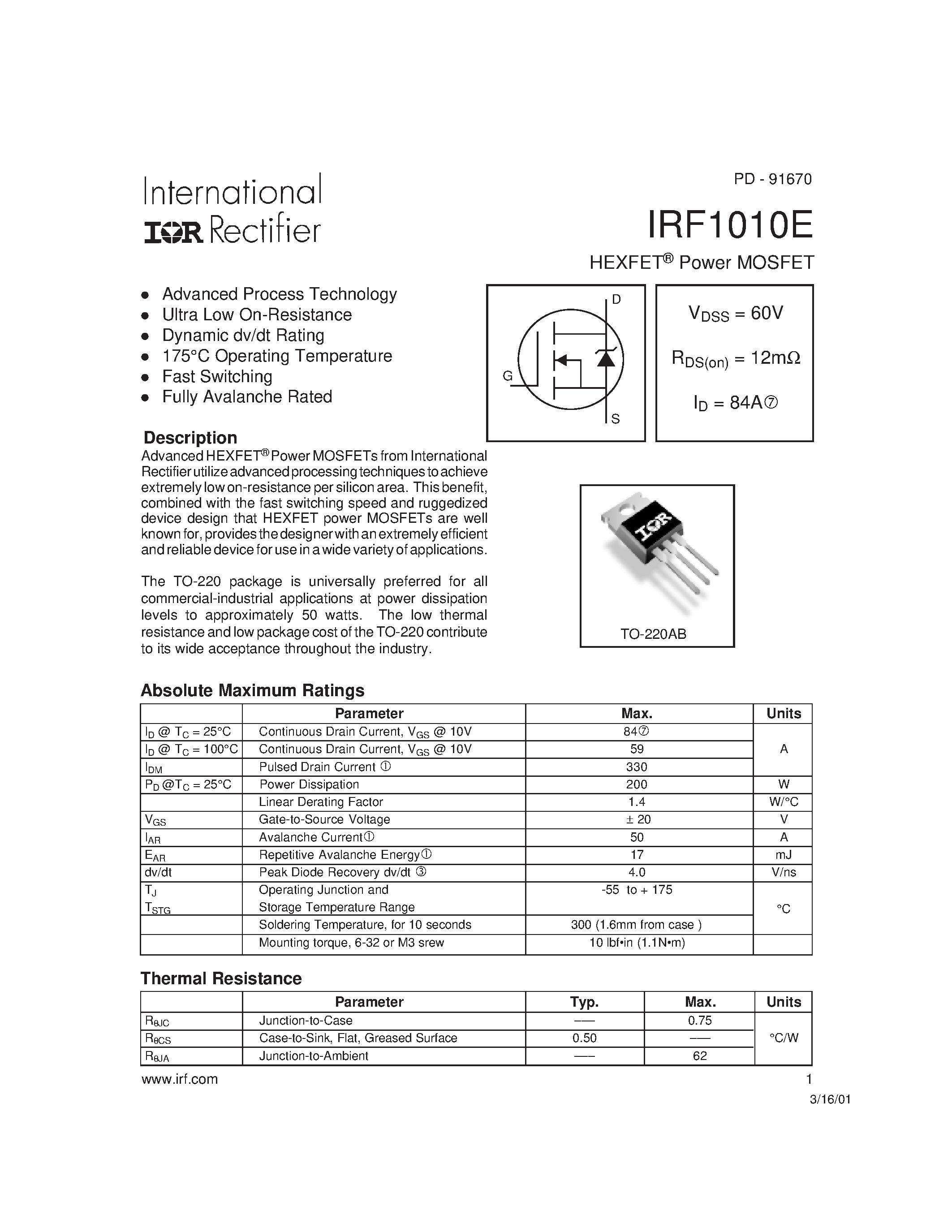 Даташит на микросхему IRF1010E страница 1 Даташит IRF1010E - Power MOSFET(Vdss=60V/Rds(on)=12mohm/Id=84A страница 1