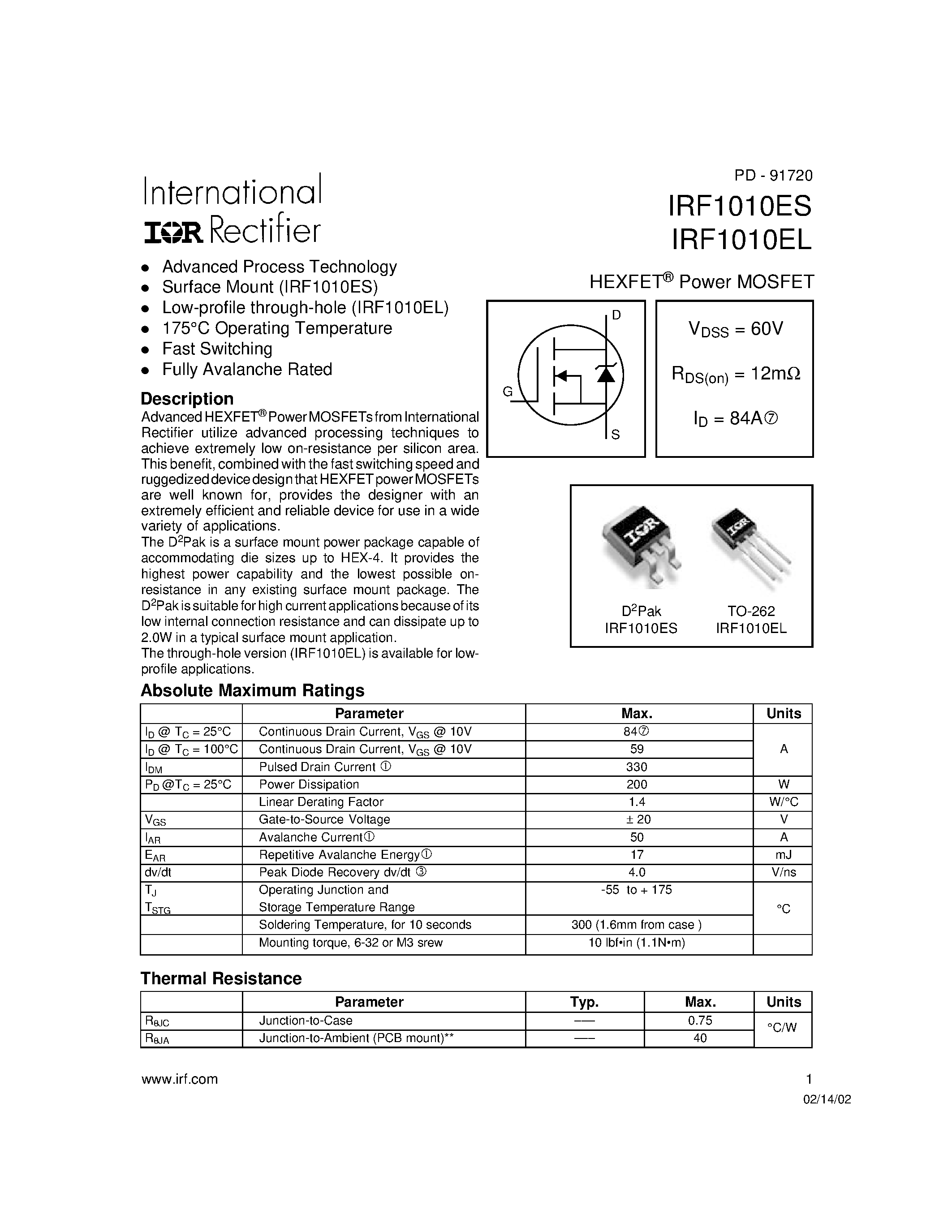 Datasheet IRF1010EL - Power MOSFET(Vdss=60V/ Rds(on)=12mohm/ Id=84A) page 1