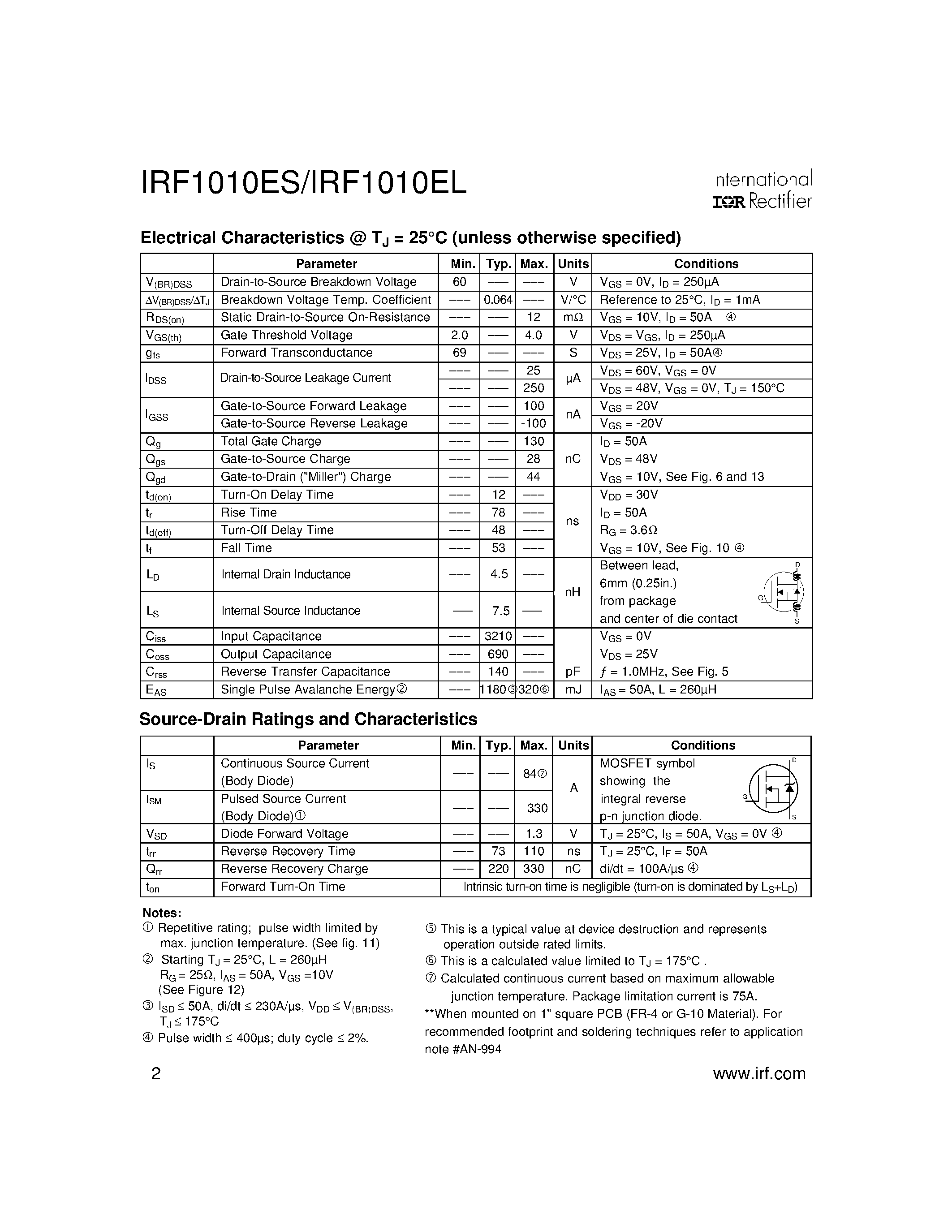 Datasheet IRF1010EL - Power MOSFET(Vdss=60V/ Rds(on)=12mohm/ Id=84A) page 2
