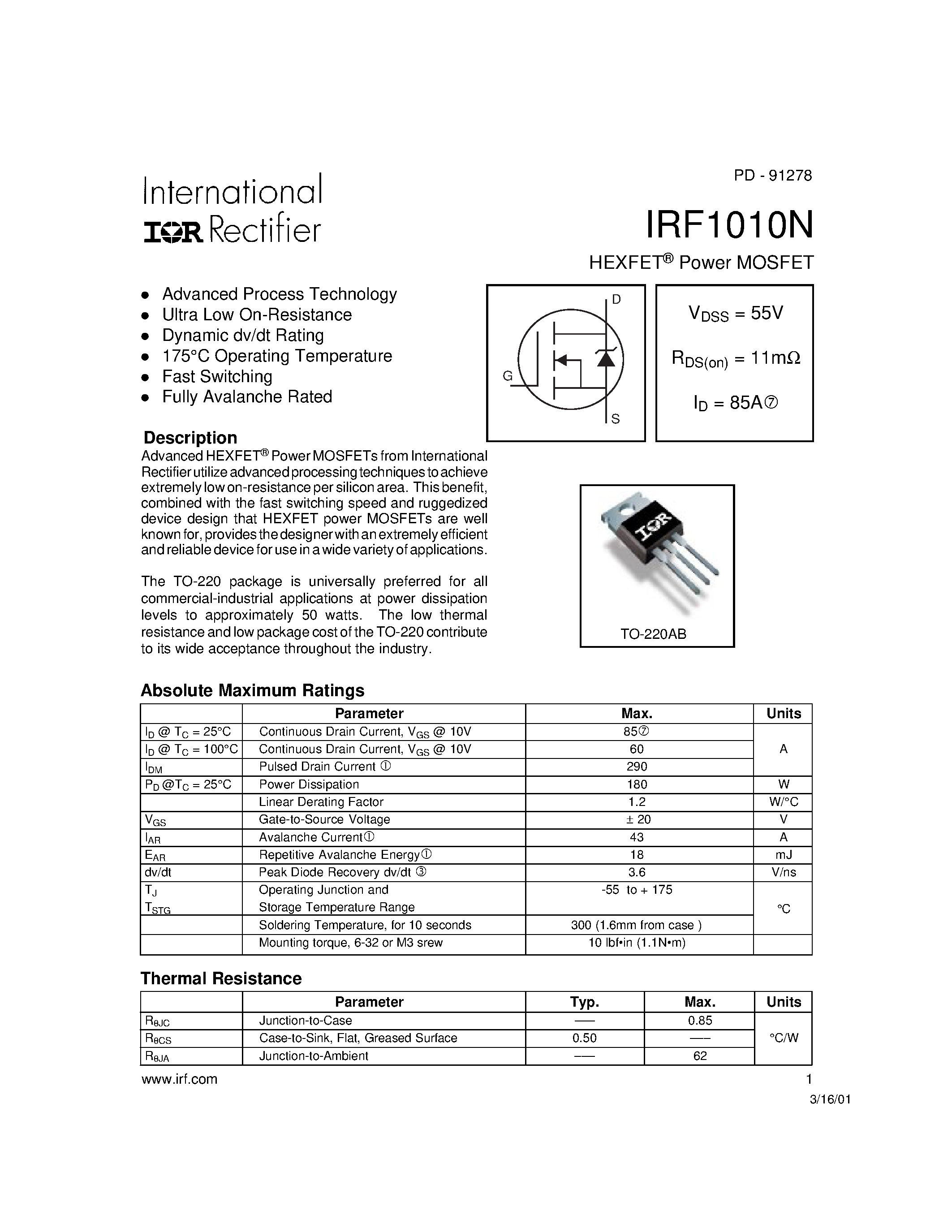 Datasheet IRF1010N - Power MOSFET(Vdss=55V/ Rds(on)=11mohm/ Id=85A) page 1