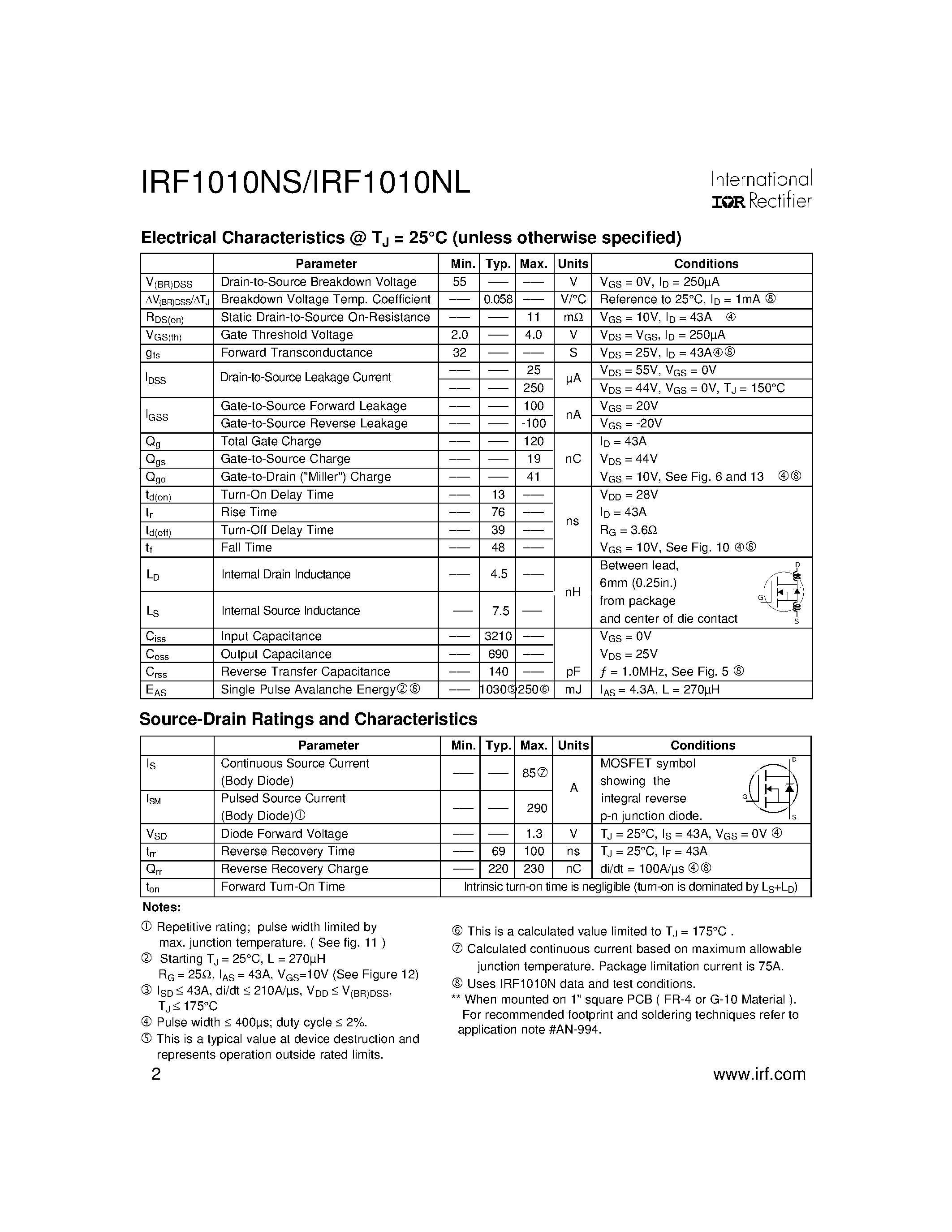 Datasheet IRF1010NL - Power MOSFET(Vdss = 55 V/ Rds(on)=11mohm/ Id=85A) page 2