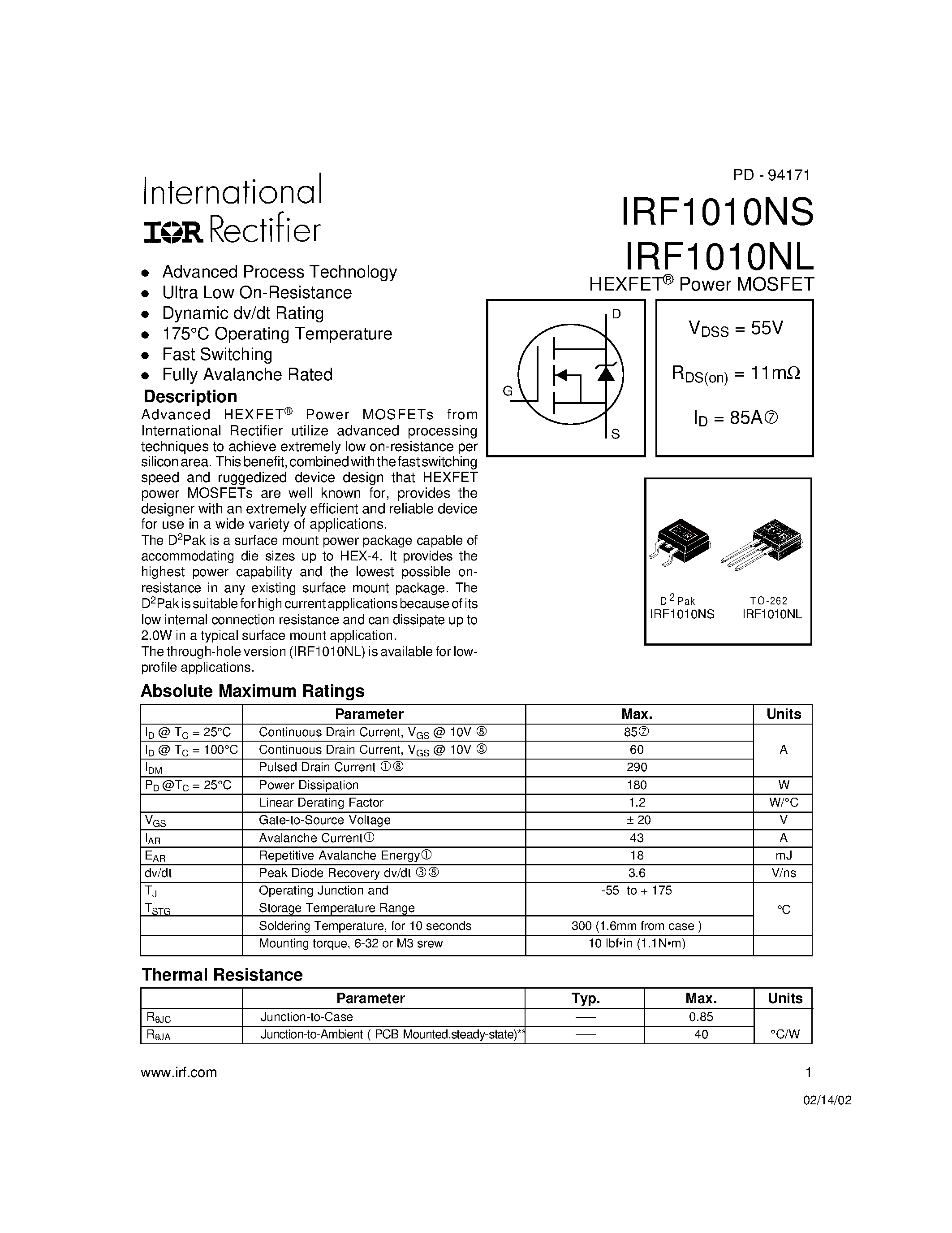 Datasheet IRF1010NS - Power MOSFET(Vdss = 55 V/ Rds(on)=11mohm/ Id=85A) page 1