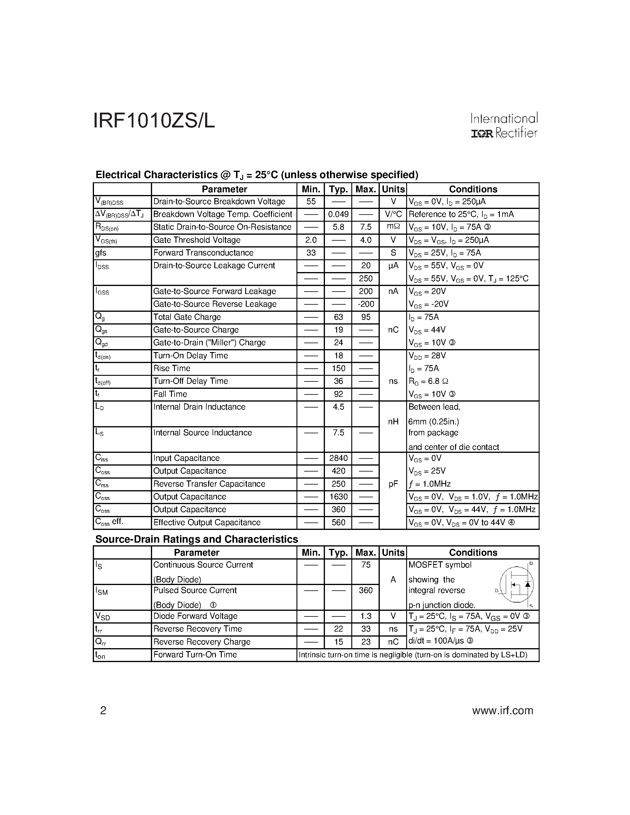 Datasheet IRF1010ZL - AUTOMOTIVE MOSFET page 2